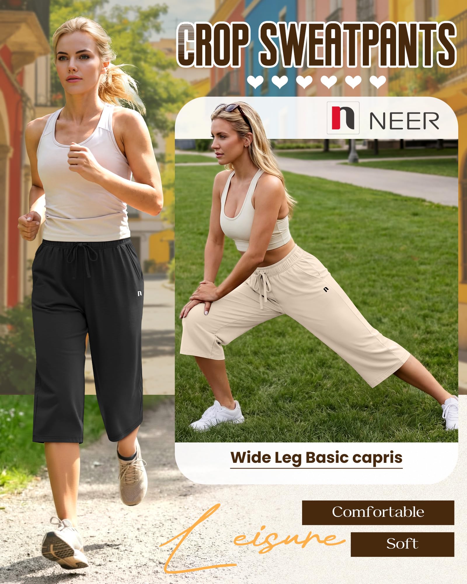 Neer Lot de 3 Pantalons Capri Larges et Simples pour Femme - Coupe Ample - avec Cordon de Serrage et Poches