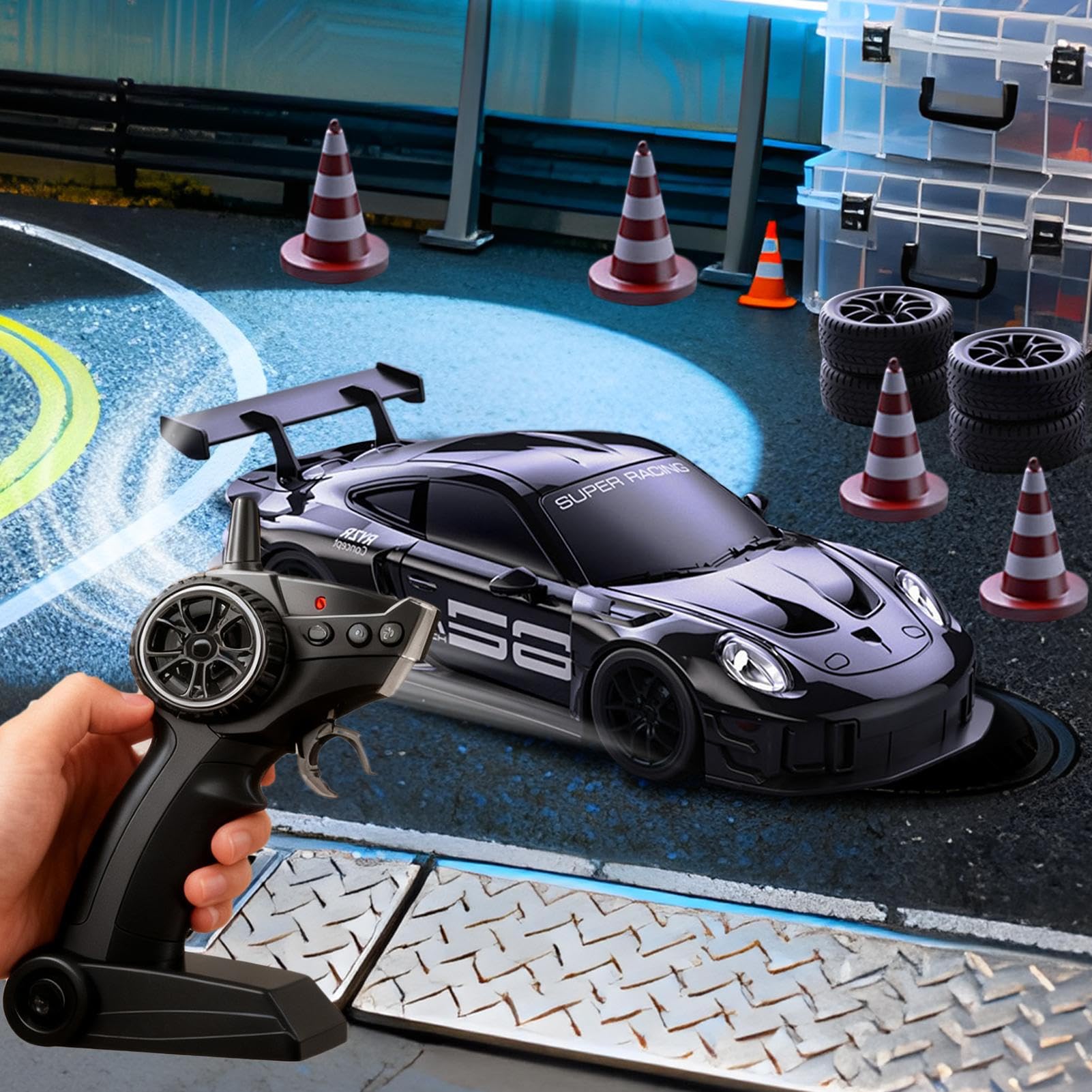 Coche Teledirigido - 1:20 Vehículo con Luces Led, Coche De Derrape RC Automóvil para Drift Deportivo De Carreras, para NiñOs Y Adultos