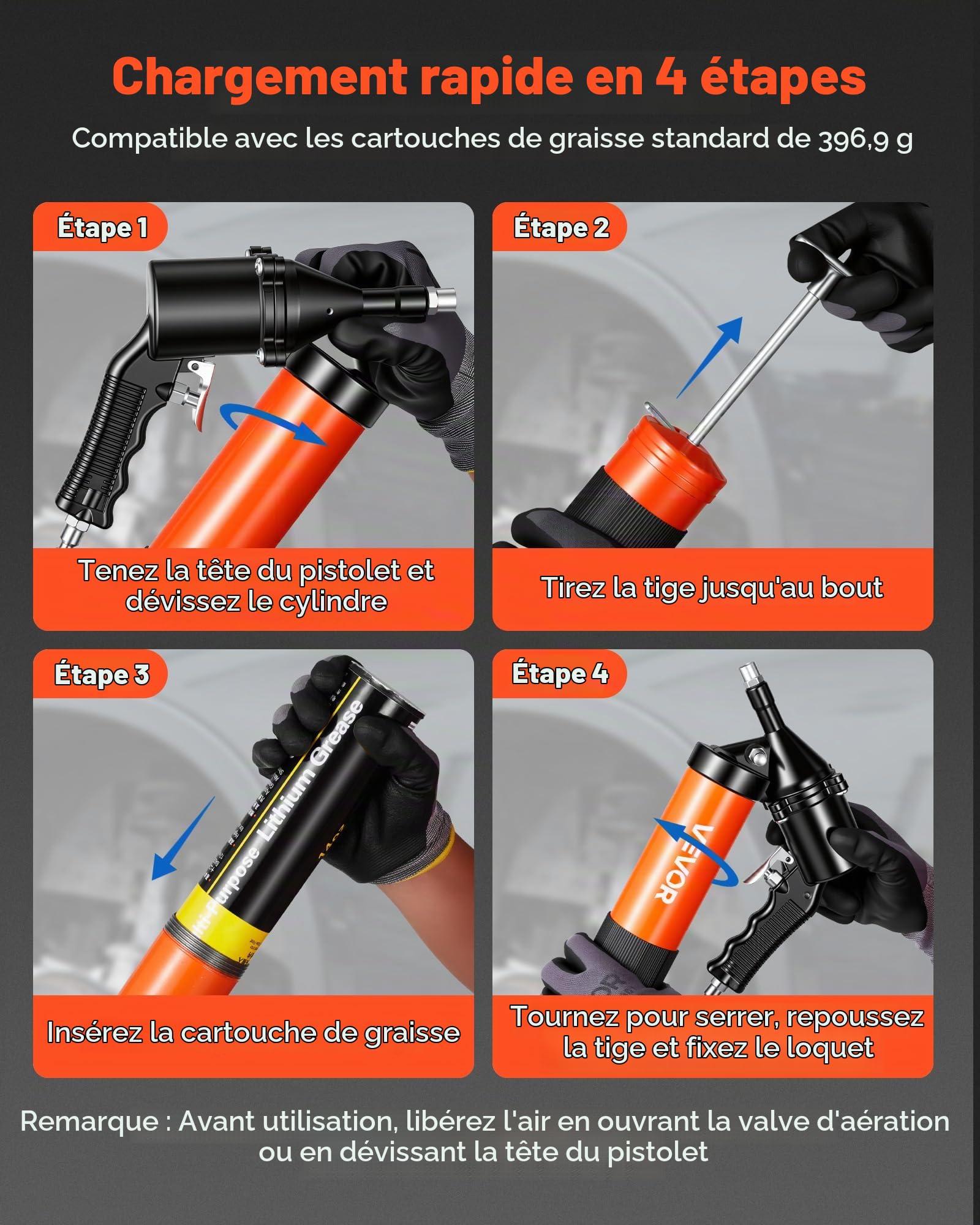 VEVOR Pistolet à Graisse Pneumatique 413 bar Pistolet Graisseur à Une Main Capacité 0,4 L pour Machines Automobiles Agricoles Industrielles, Tuyau Flexible 45,7 cm Tube Extension Rigide 2 Buses Plates