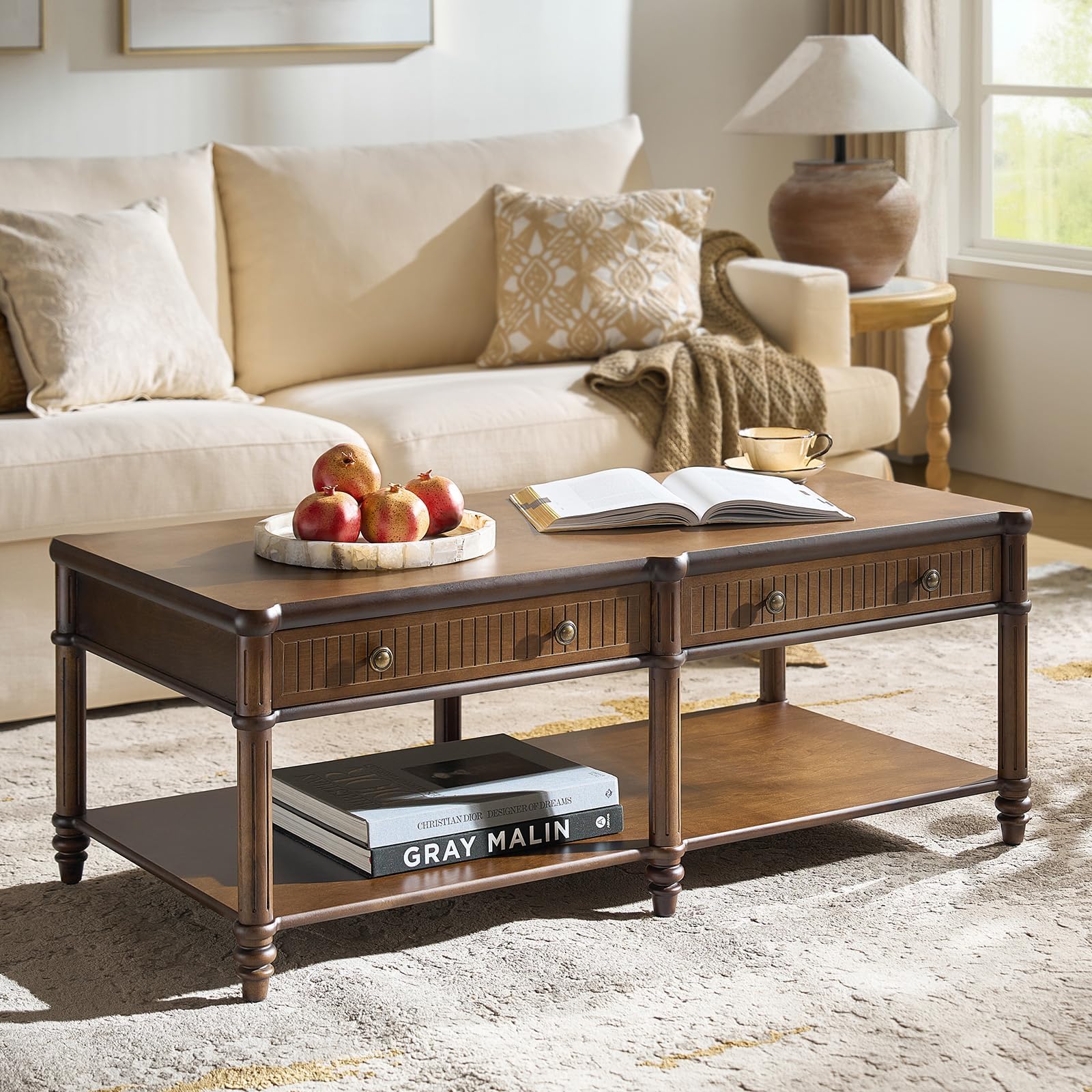 HULALA HOME Transitional Coffee Table with Solid Wood Frame and Engineered Wood Top, Spindle Legs, Storage Drawer, 47.24” x 23.6” Living Room Center Table(Walnut)