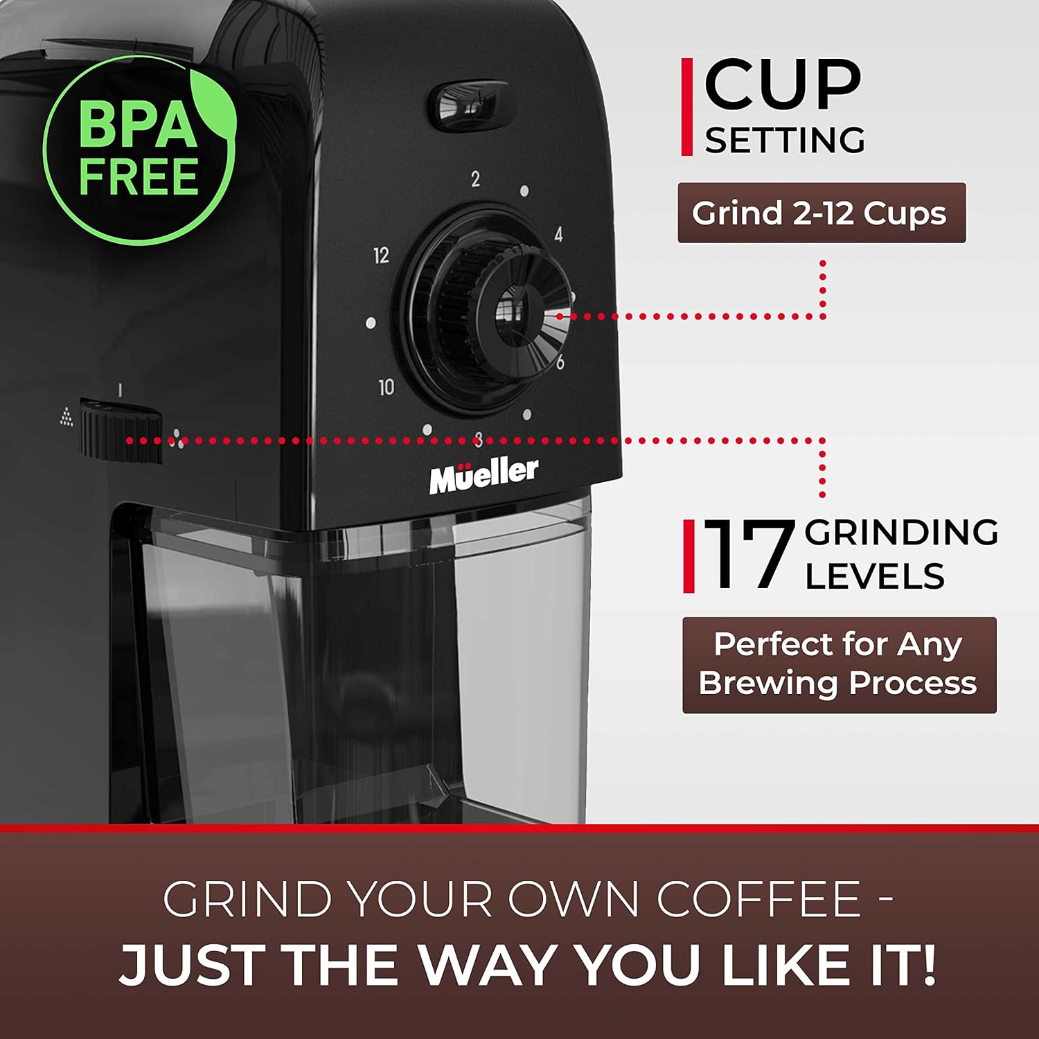 Close-up of the Mueller SuperGrind coffee grinder's control panel, showing the cup setting dial (2-12 cups) and the grind level dial (17 settings).