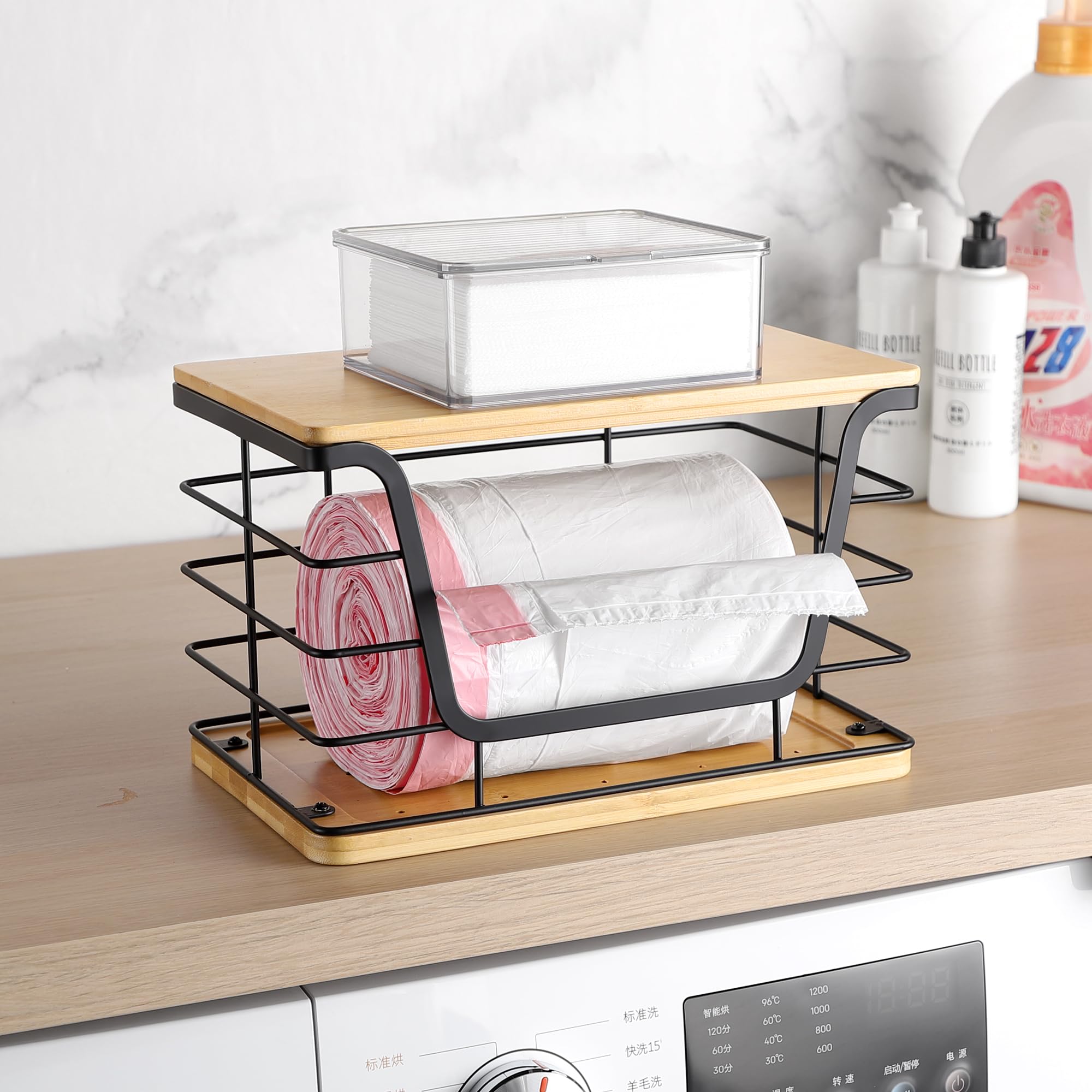ALOCEO Dispensador de bolsas de basura extra grande con parte superior de bambú, soporte de pared de acero inoxidable, organizadores apilables de lavandería de cocina