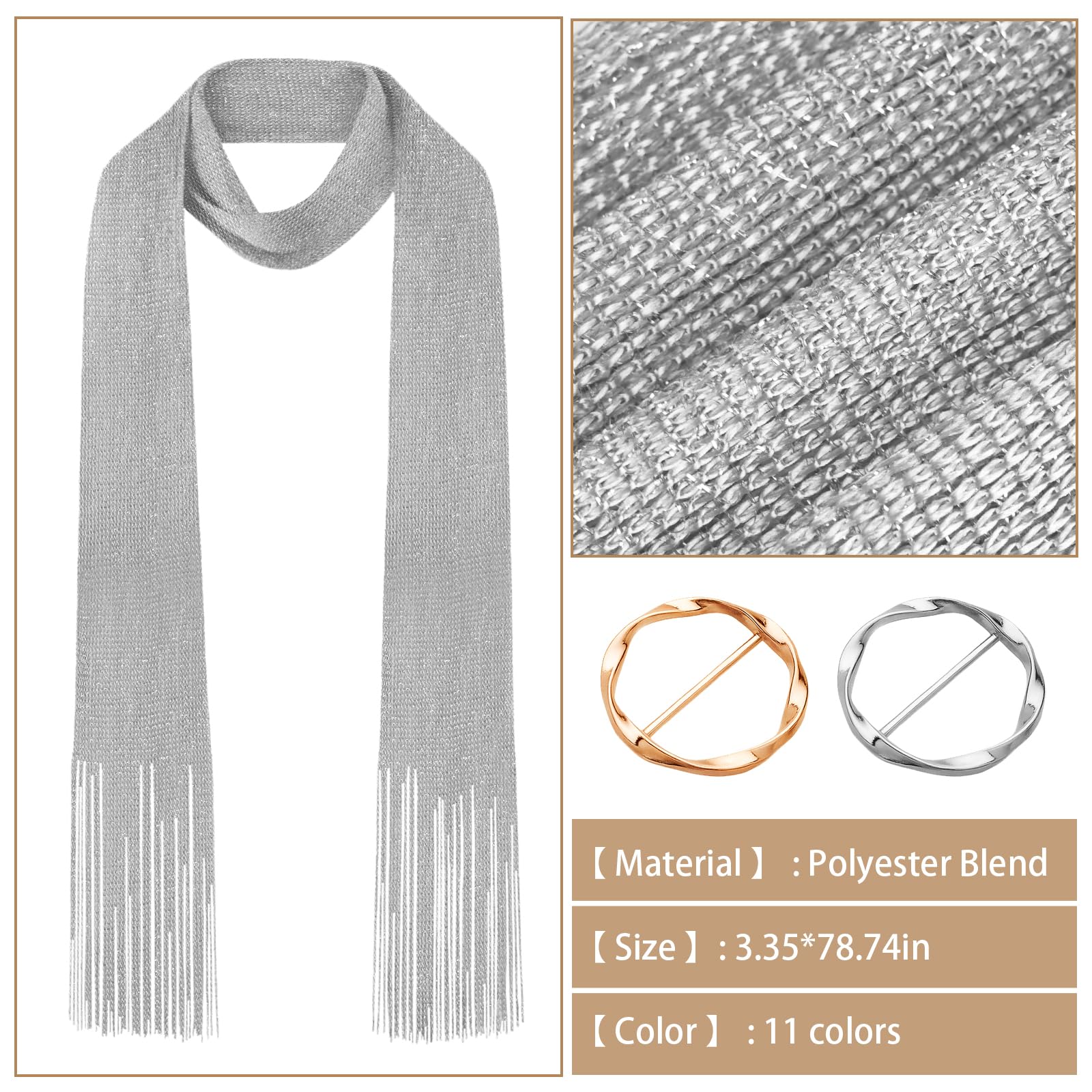 Y2K - Bufanda delgada colorida con lentejuelas para mujer, bufanda ligera para el cuello, envoltura para la cabeza o accesorio para cinturón, Plateado 4