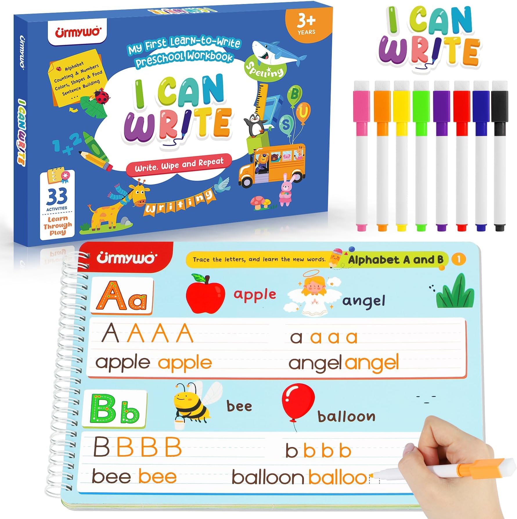 Preschool Learning Activities,Kindergarten Workbook Ages 3-6,Back to School | 33 reusable dry-erase activities, 8 markers, wipe and achievement card for preschool, homeschool, classroom and travel