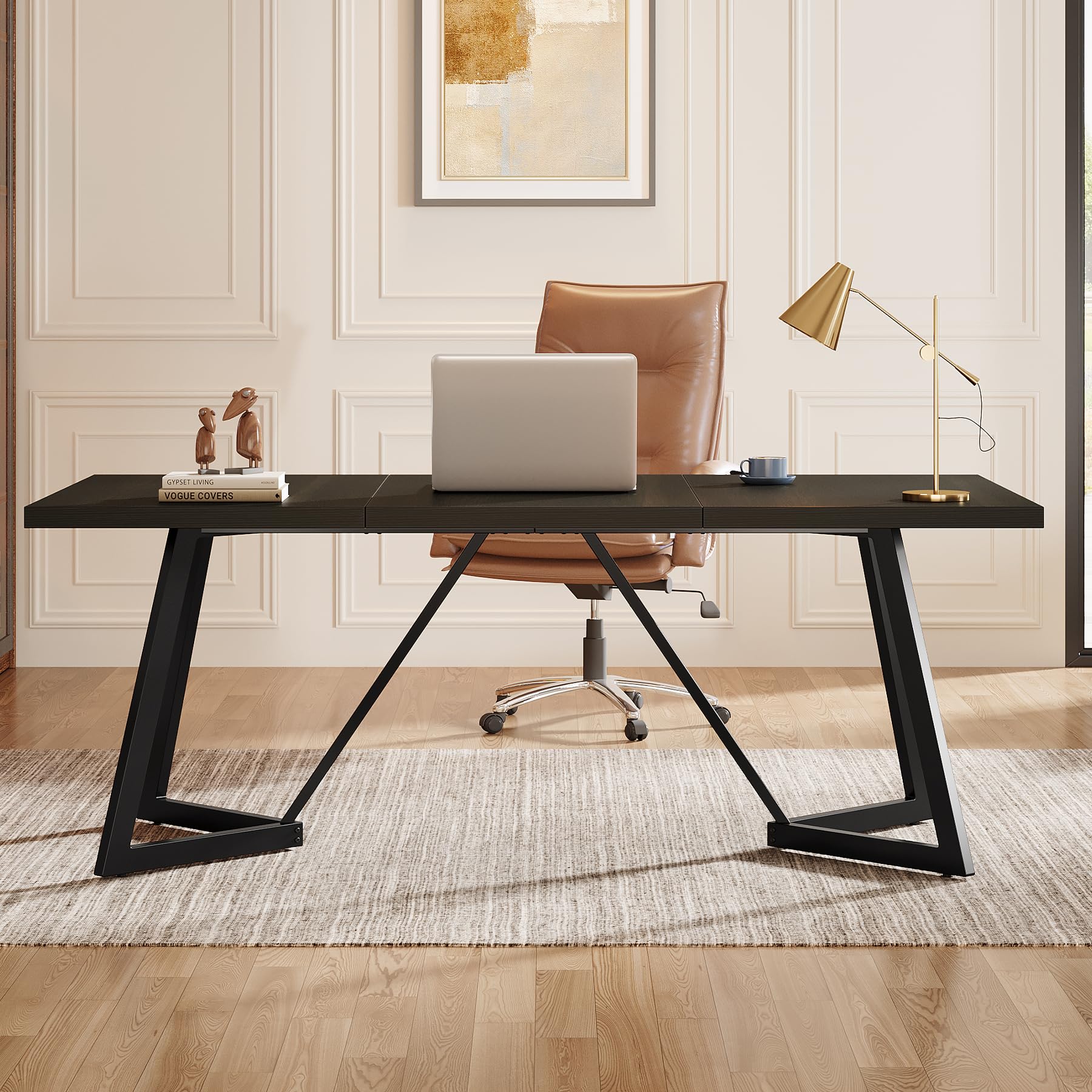 Tribesigns Scrivania moderna per computer, 180 cm, grande scrivania da ufficio con telaio in metallo, scrivania rettangolare per laptop, studio, scrivania per casa e ufficio (nero)
