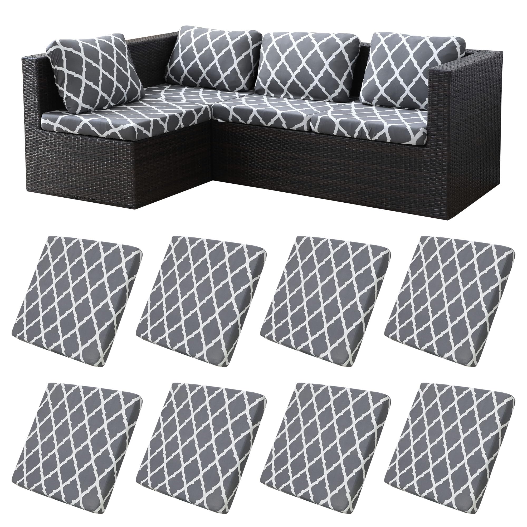 8 fundas elásticas de cojín para patio, fundas de repuesto para sofá al aire libre, fundas de cojín para muebles de patio, protector de muebles lavable y reutilizable (BTC02-gris, solo funda)