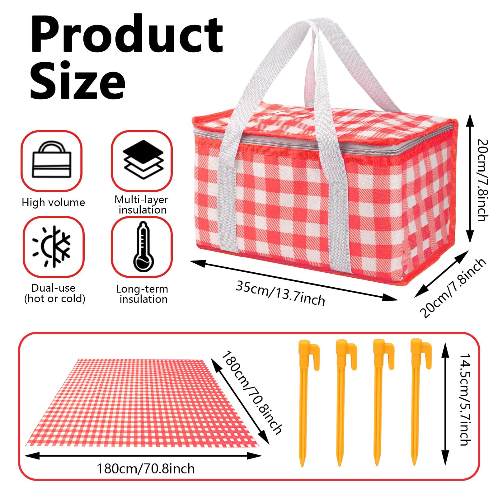 Huakaile Insulated Picnic Baskets 13.8*7.9*7.9 In with Picnic Blanket 70.9*70.9 In, Portable Waterproof Insulated Bags - Image 2
