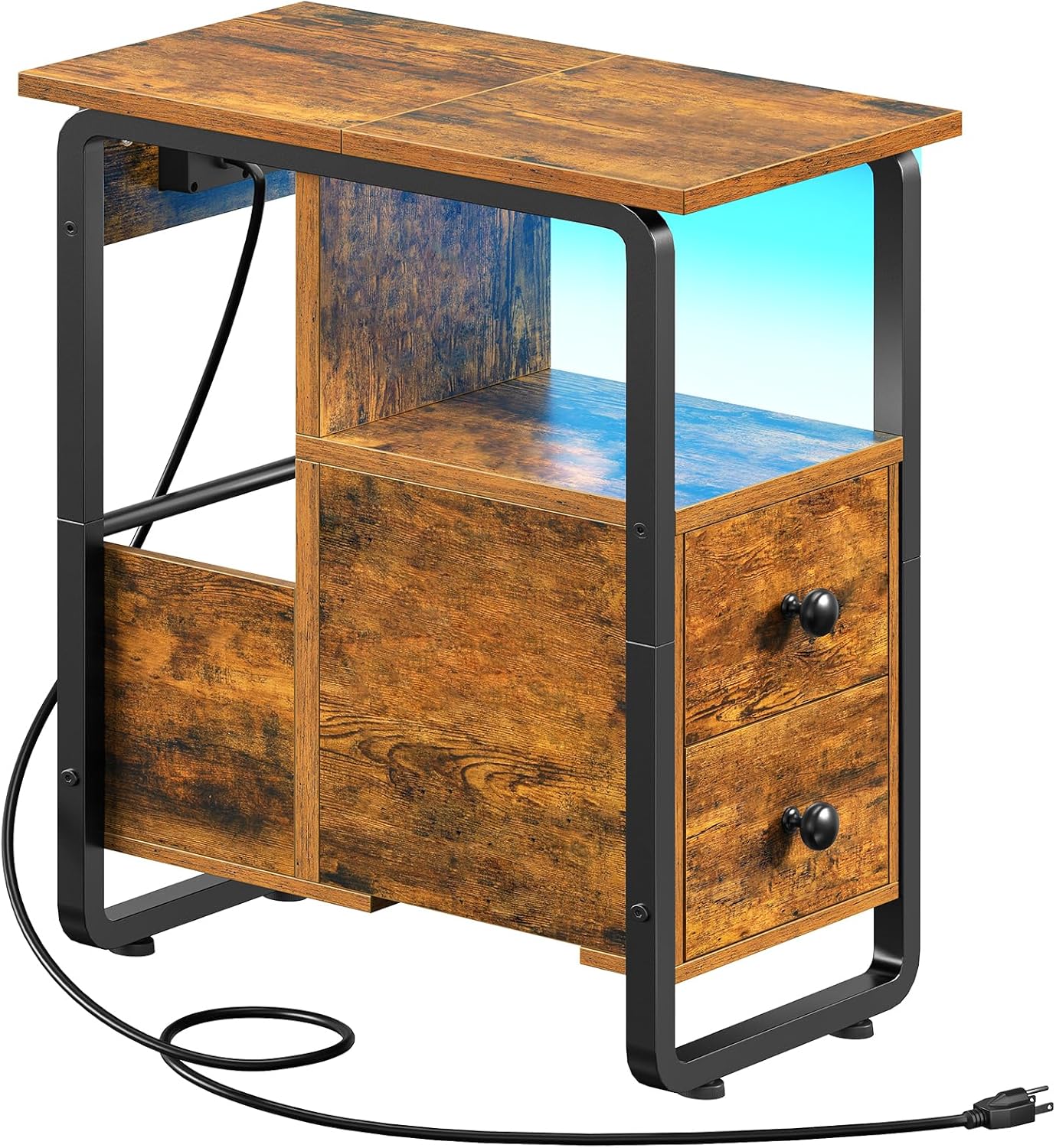 HOOBRO Narrow Nightstand with Charging Station & LED Lights, Narrow Side Table with Fabric Drawer, Open Shelves, Slim End Table for Living Room, Bedroom, Rustic Brown and Black BF430UDBZ01
