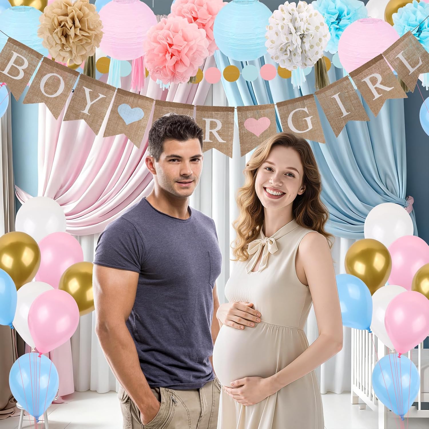 Gender Reveal Decorations,Boho Baby Shower Supplies with 1 Pink Blue Circle Garland,15 Paper Tassels, 6 Tissue Pom Poms,4 Hanging Lanterns,1 Boy or Girl Burlap Banner and 30pcs Balloons