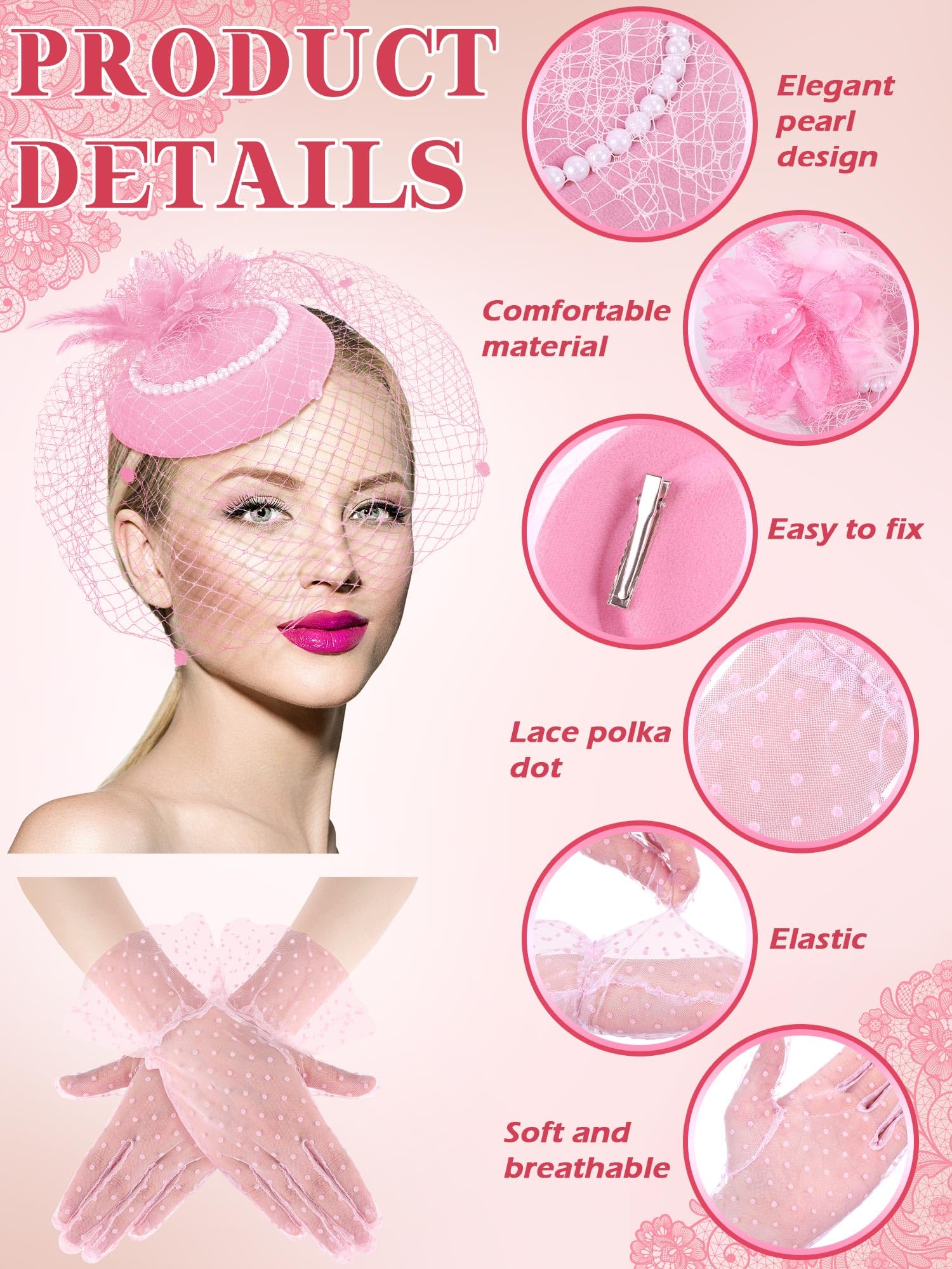 Pillbox Fascinator Hat & Lace Gloves Set Tea Party Kentucky Derby Vintage 3pcs/Set Fascinators Hats And Lace Gloves Set For Women  main image 2