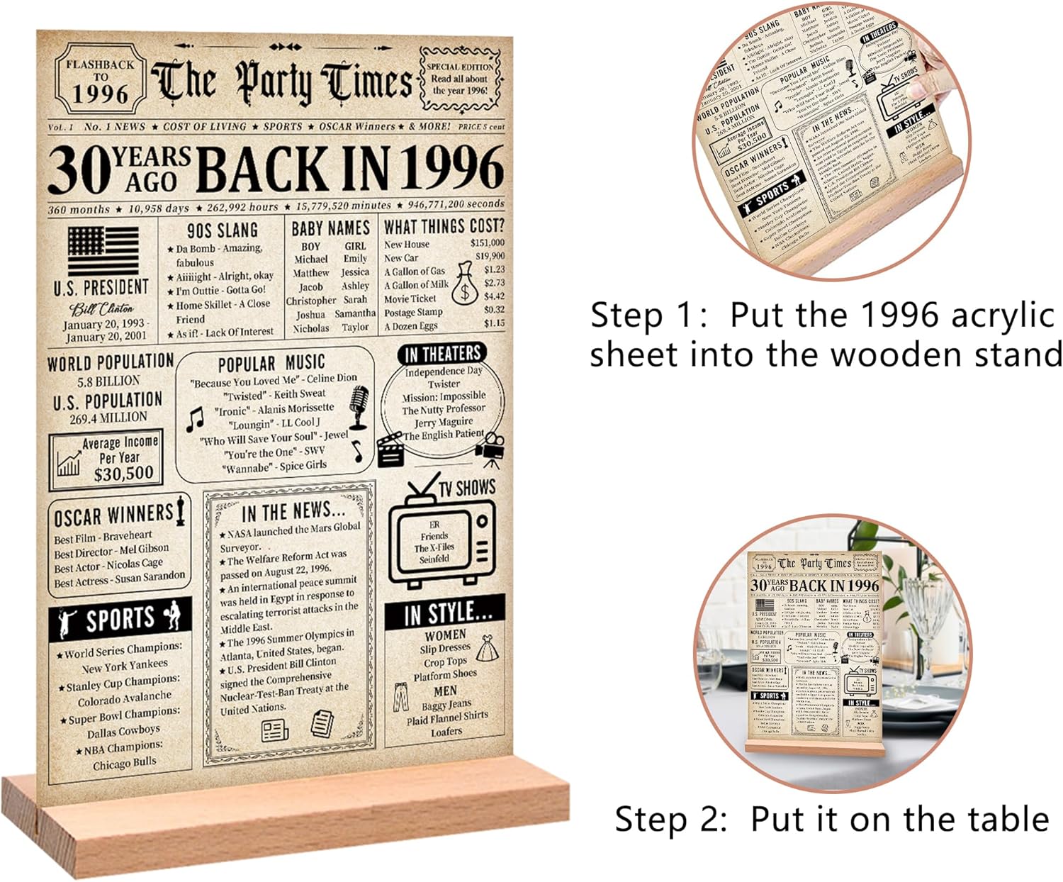 trgowaul 30th birthday decorations women men, vintage back in 1996 birthday poster acrylic table sign with stand, 30th anniversary decor gifts for men, vintage 30 year old party supplies decorations vintage 1996