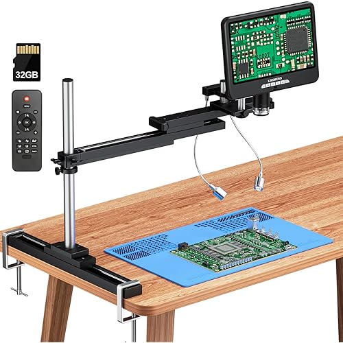LM210A HDMI Digital Soldering Microscope for Adults with Boom Slide Arm Stand, 10.1" Screen, UHD 2160P Video, Desk Side Mount Slide and C-clamp, Soldering Microscope Camera for Electronic Repair, 32GB