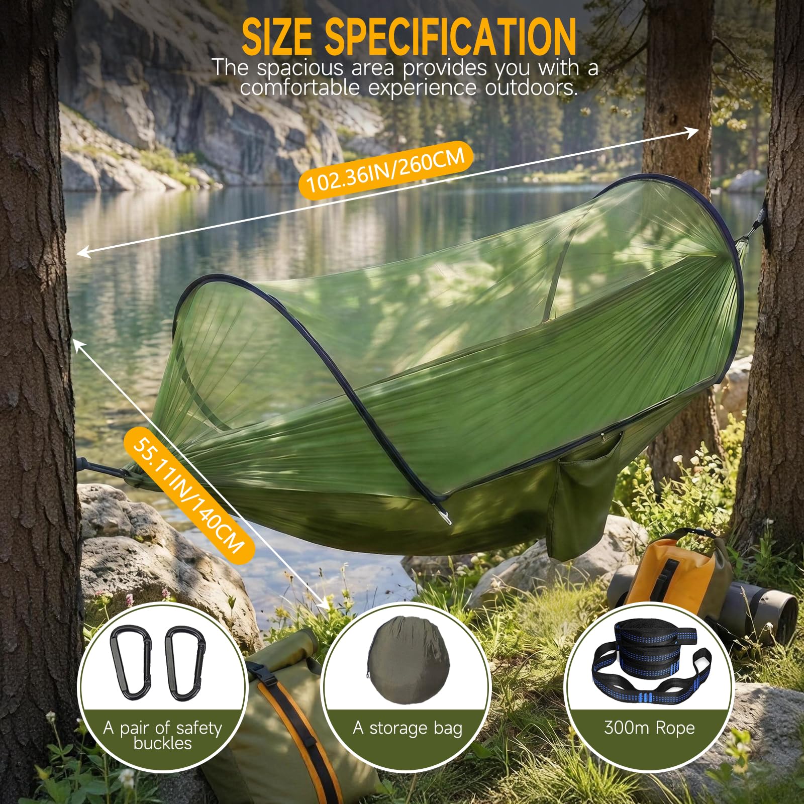 Hamac Ultra-léger de Voyage Camping, Hamac Moustiquaire - 300 kg, 260x140 cm, Hamac Camping, Inclut Sangles et Mousquetons - Idéal pour Camping, Jardin, Randonnée (Vert Militaire)