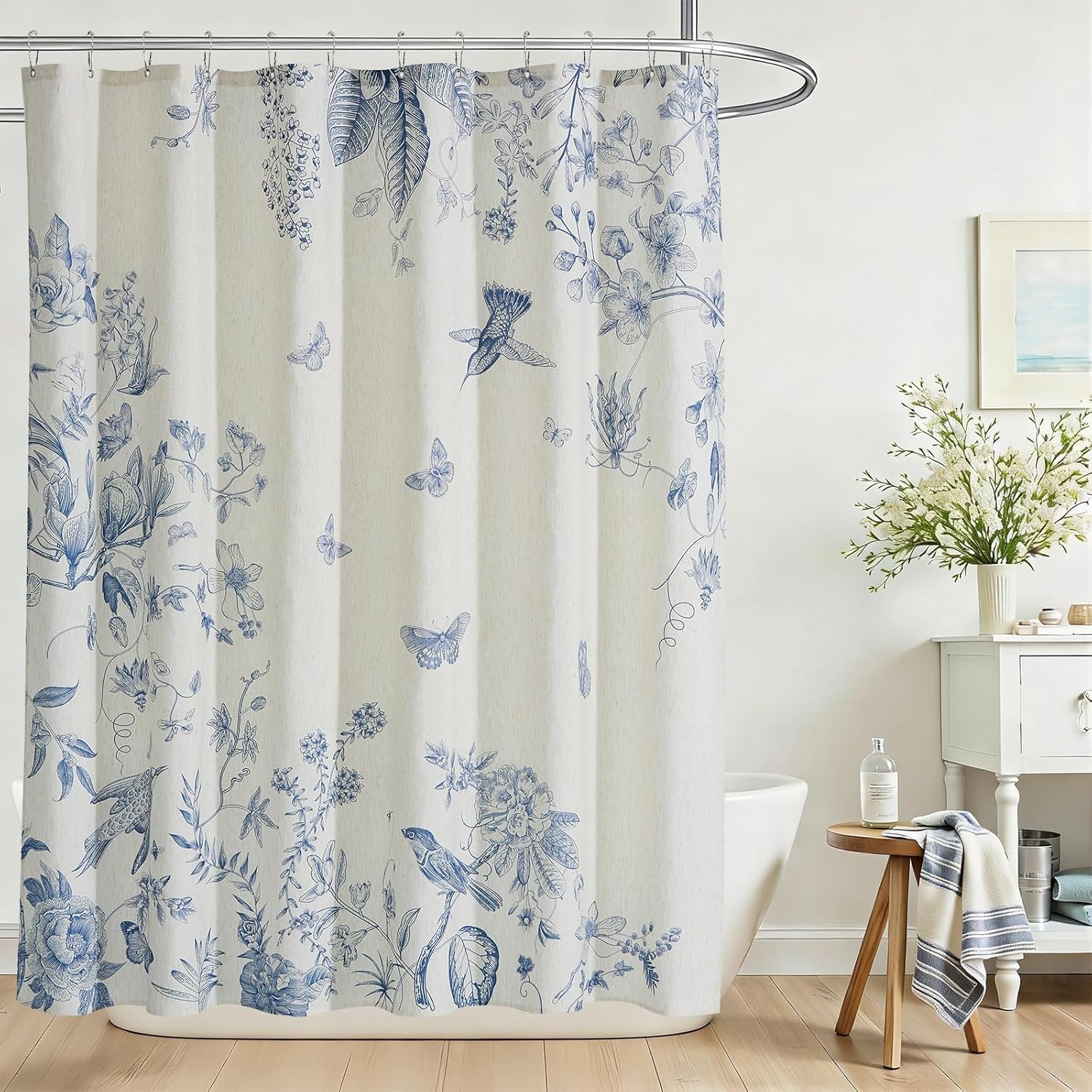 ORTIGIA Linen Shower Curtain Farmhouse Vintage Blue Birds Floral Shower Curtains Spring Summer Boho Rustic Cottagecore Decor for Bathroom 72 W x 72 L