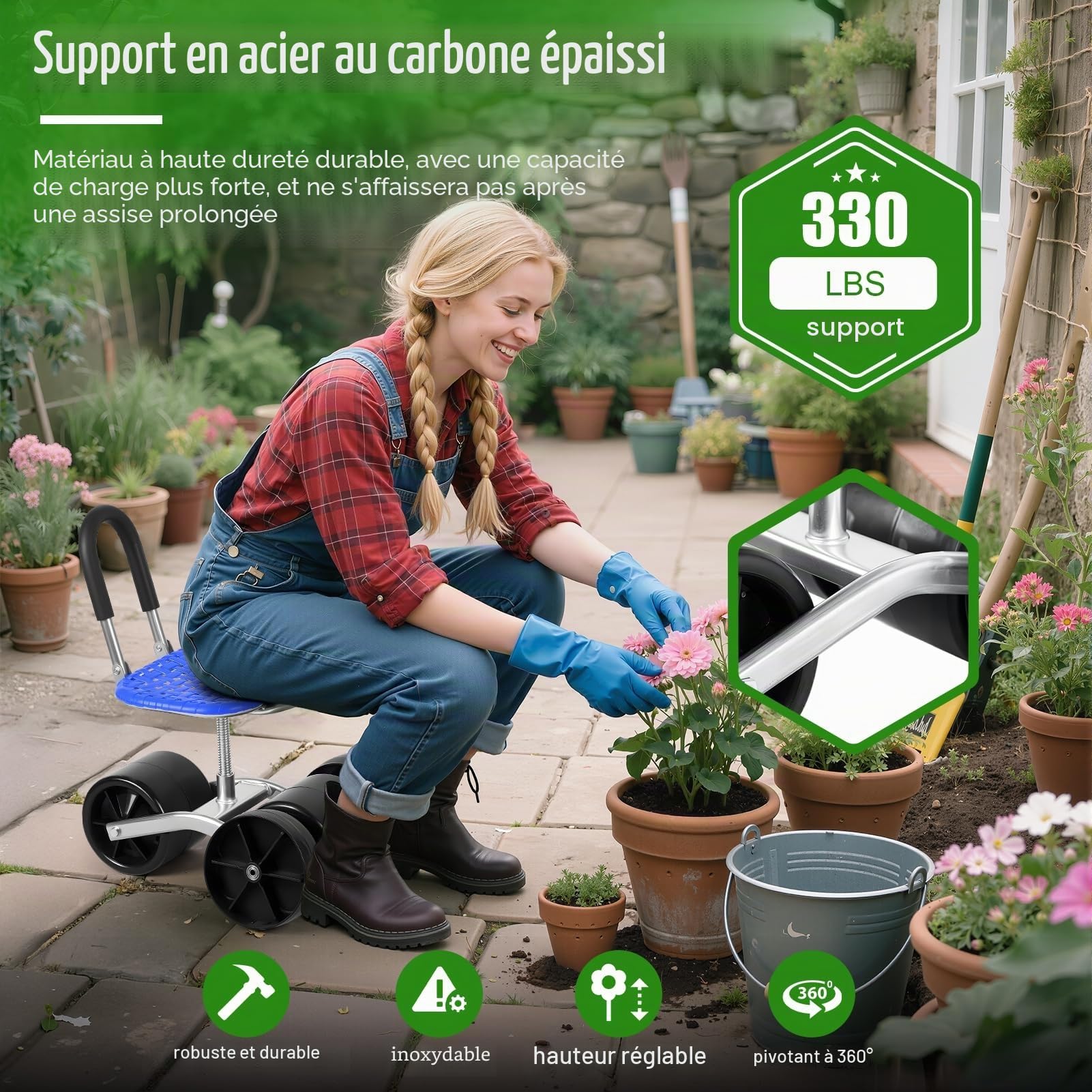 Tabouret de jardin rotatif à 360°, chaise roulante, hauteur réglable, design pliable et capacité de 150 kg, pour jardinage et rempotage, pour soulager les genoux Bleu