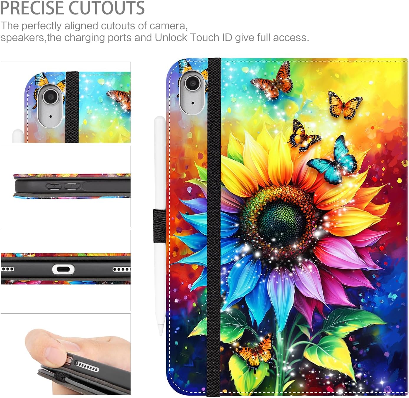 Case for iPad (A16) 11th Generation 2025, iPad 10th Generation Case with Pencil Holder Multi-Angle Adjustable Stand Shockproof Padding with Pocket/Hand Strap/Auto Wake Sleep, Oil Painting Sunflowers