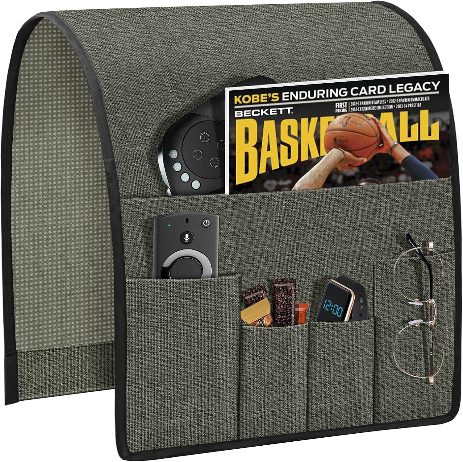 Guken Armchair Caddy Sofa Armrest Organizer Remote Holder on Couch & Chair Arm Organizer Bag for Recliner Non-Slip Storage Caddy with 5 Pockets for TV Remotes, Phone, Magazine, Dark Grey, 13"×35"