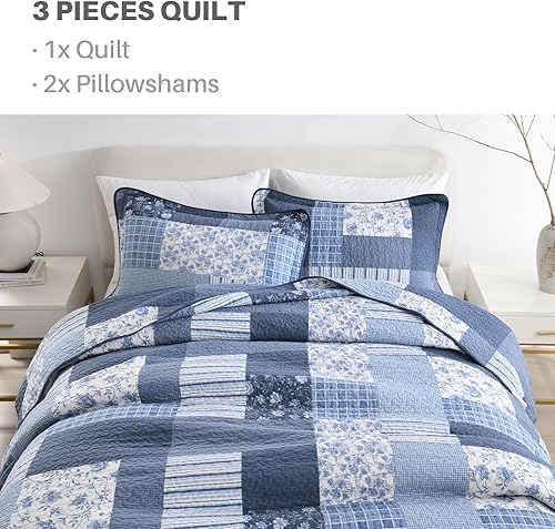 Miniatura 4 de PANGUSHAN Juego de ropa de cama de 100 % algodón, tamaño Queen, colcha acolchada de retazos florales, edredón ligero para todas las estaciones, 3