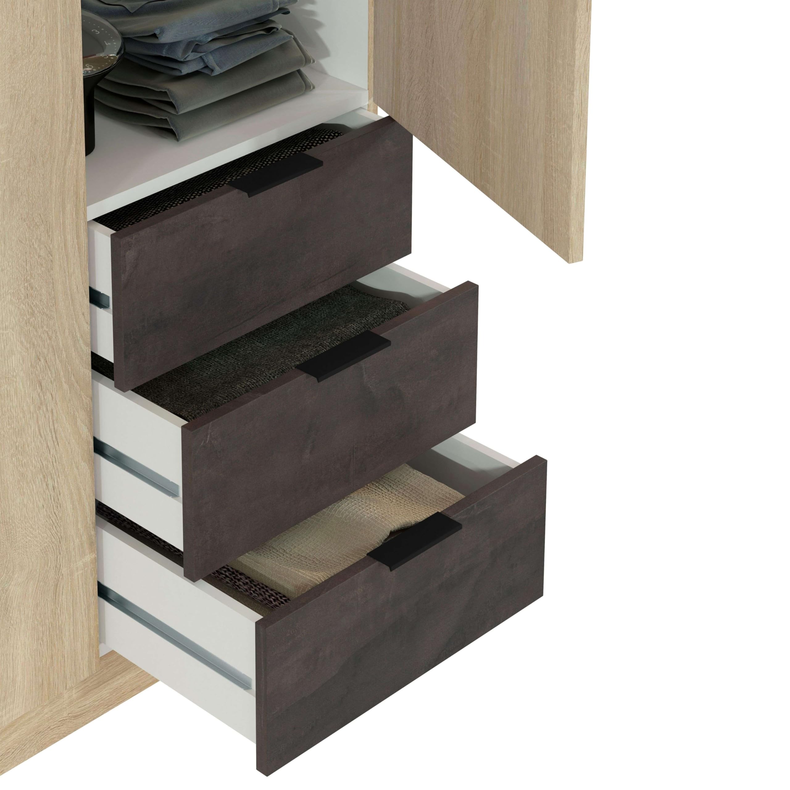 Habitdesign Armario Ropero 3 Puertas 3 Cajones 4 Estantes, 180x121x52 (AltoxAnchoxFondo - en cm), Color Roble Canadian y Oxido