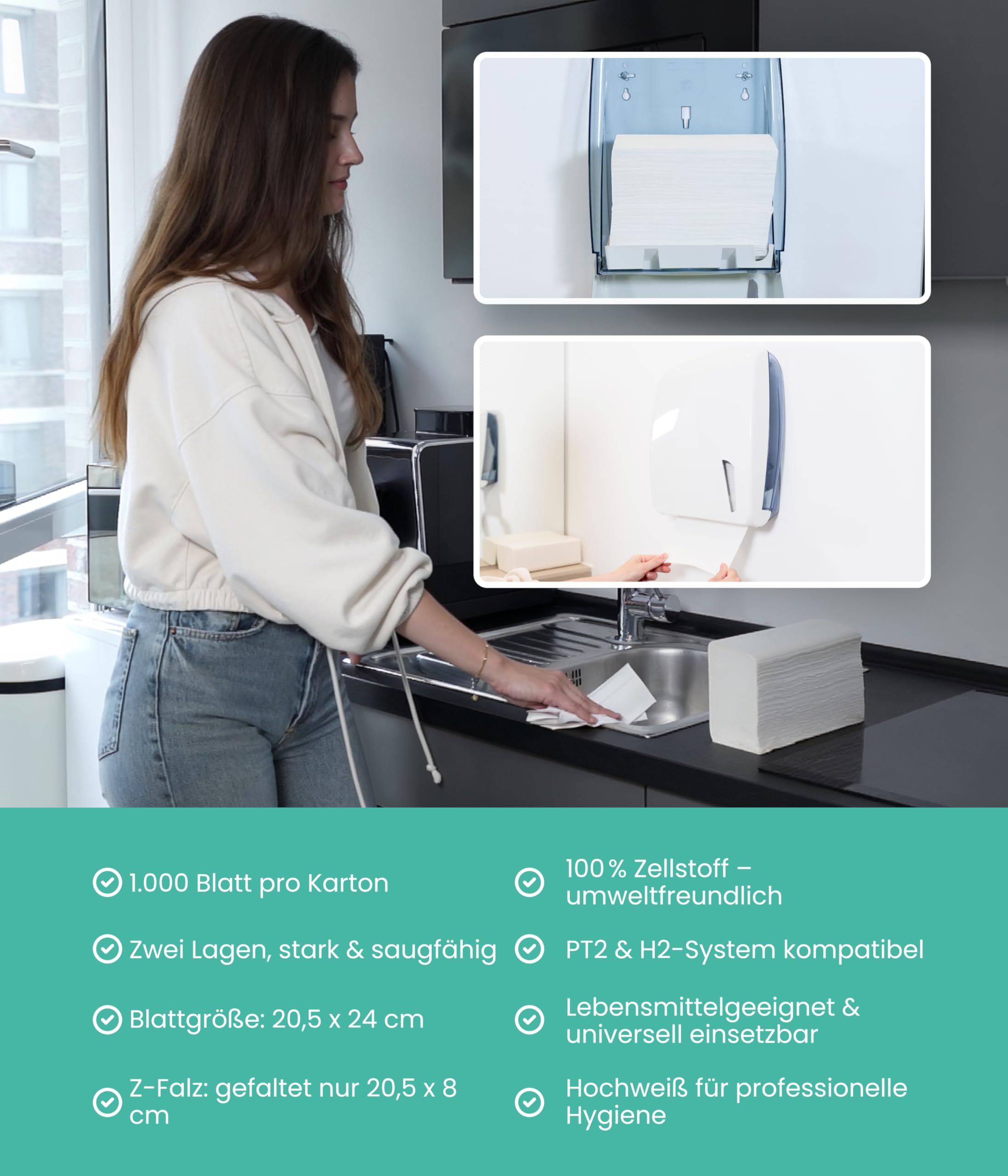 Hygiene Guru® Papierhandtücher – 1.000 Blatt [Z-Falz, 2-lagig, 20,5×24 cm, 8 cm tief] – Zellstoffqualität für Tork H2 Spender – ideal für Praxis, Büro, Küche & mehr