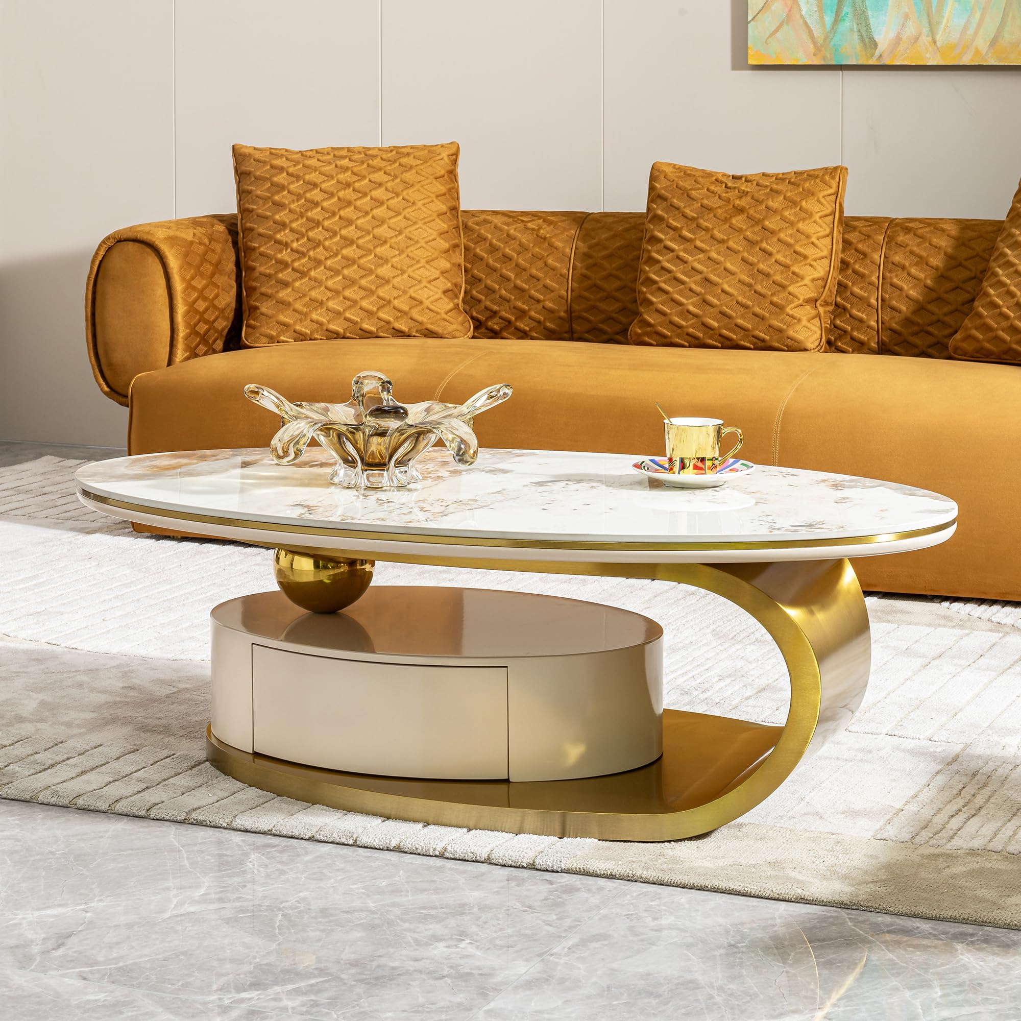 Faux Marble Coffee Table with Drawer,Oval Living Room Table with Gold Metal Base,0.47" Marble Grain Top,Tea Table