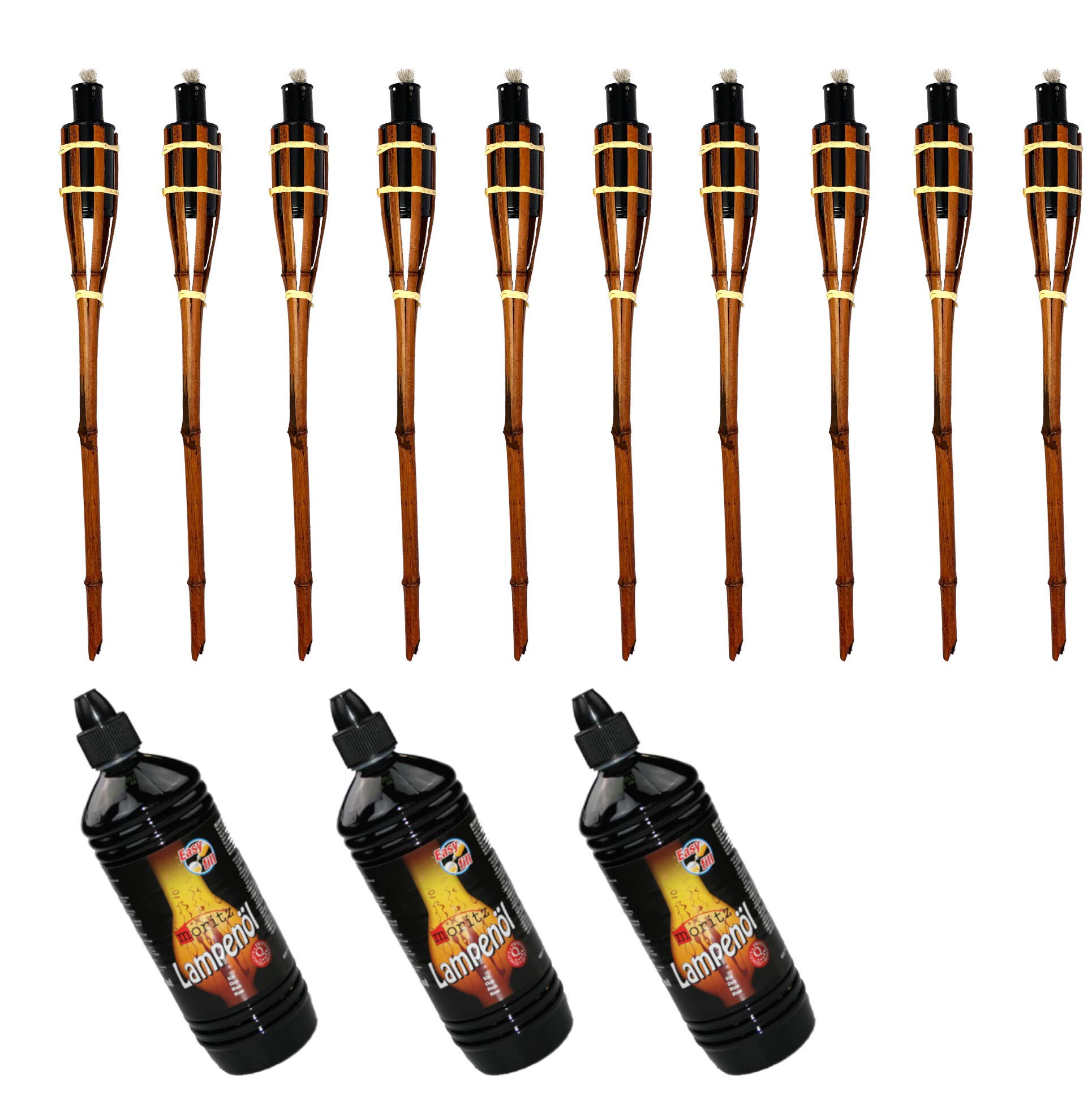 Moritz - 10 fiaccole in bambù, 90 cm, colore: marrone scuro + 3 x 1000 ml, per lampade da giardino