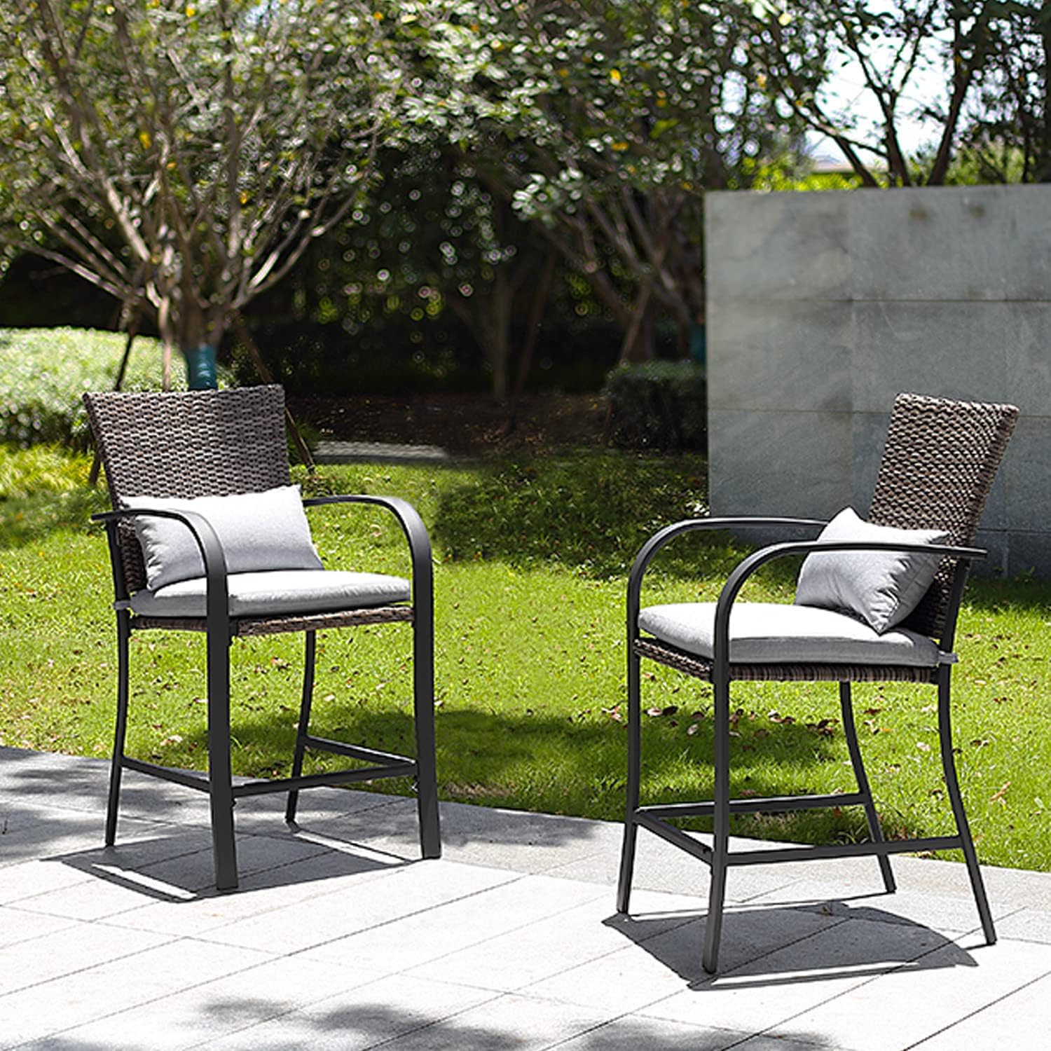 Ulsum Outdoor 2-Piece Metal Frame Bar Height Stool Chair Set with Cushions & Pillows for Deck, Patio, Backyard, Garden, & Lawn, Gray/Brown : Patio, Lawn & Garden