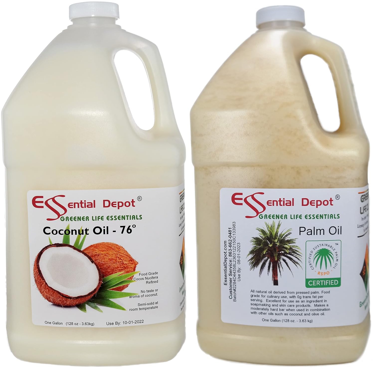 1 Gallon COCONUT Oil 76F + 1 Gallon RSPO Sustainable Not Hydrogenated PALM Oil Combination Pack - Food Grade - Safety Sealed Resealable HDPE Containers, Microwave Safe (remove foil seal), Freezer Safe