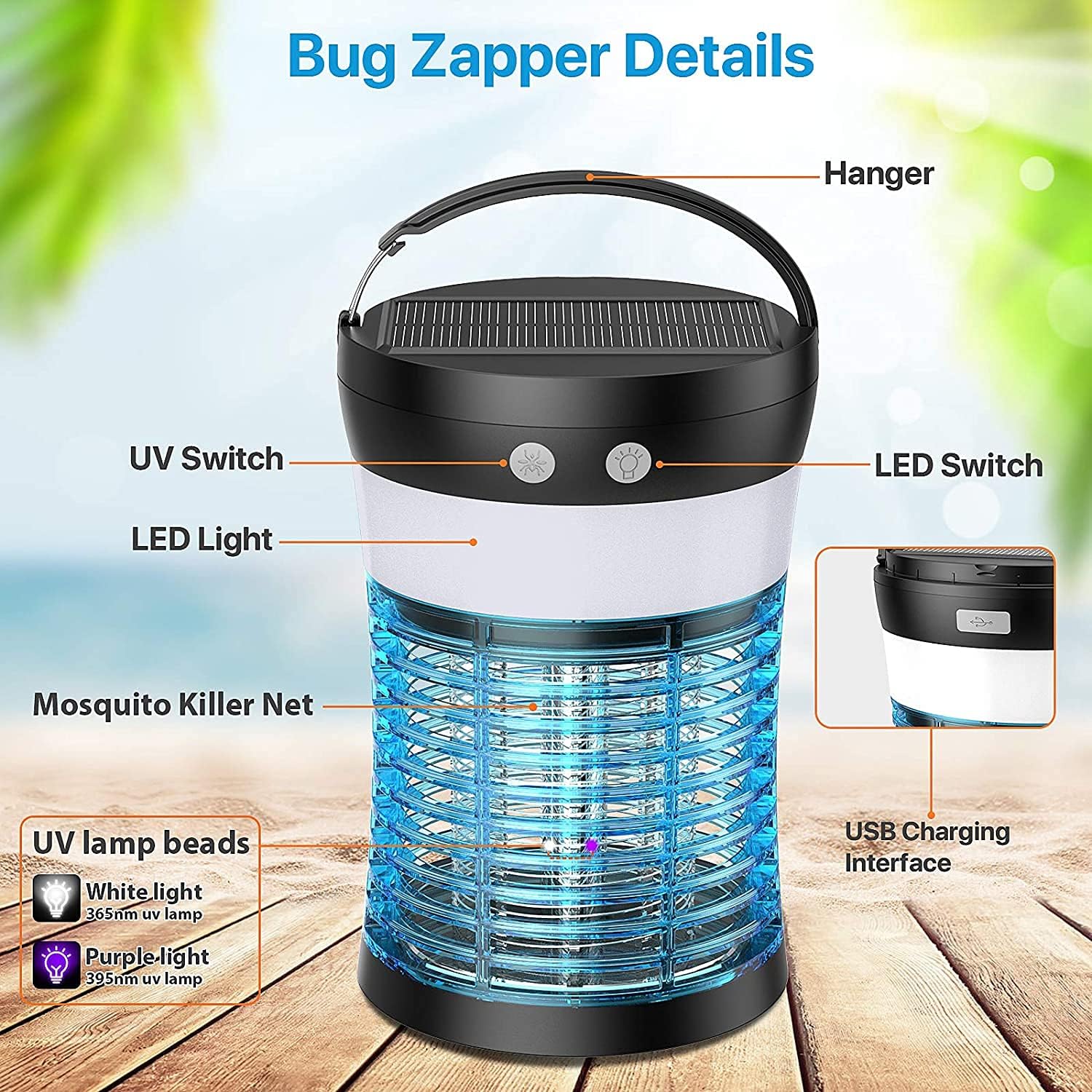 Bug Zapper, Solar Mosquito Killer Lamp Camping Lights USB Rechargeable Fly Zapper Led Killer Lantern Waterproof Outdoor Indoor Night Light for Bedroom, Kitchen, Hotel, Office : Garden & Outdoor