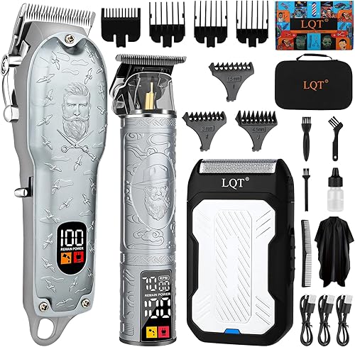 Kit de peluquero profesional plateado para hombres, inalámbrico con recortador, cuchillas de acero inoxidable, palanca ajustable, pantalla LED,