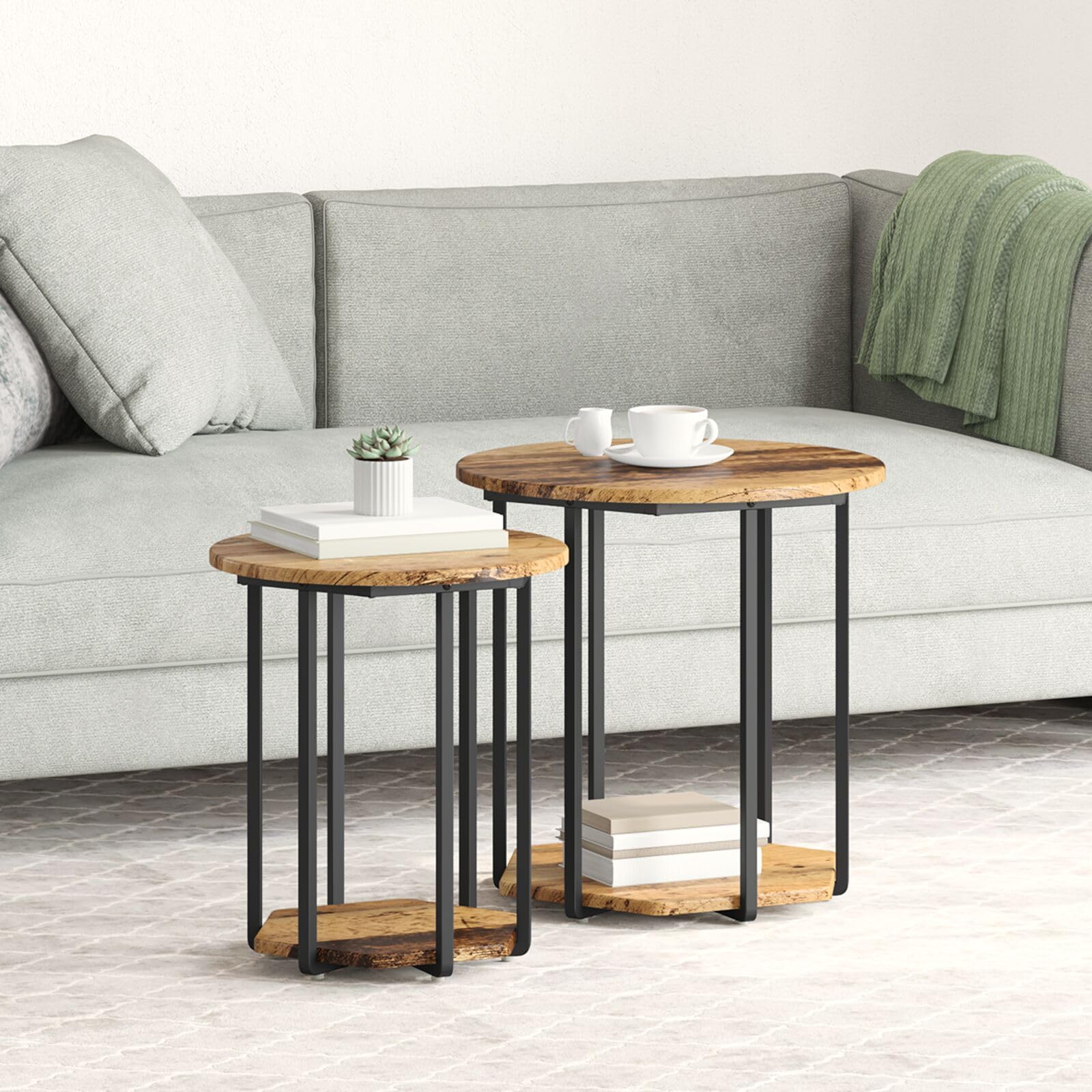 SXZenSpace 869718 Side Table Set of 2 - Old Wood and Metal Modern Nightstand End for Home Bedroom Living Room Easy Assembly Hallway Coffee
