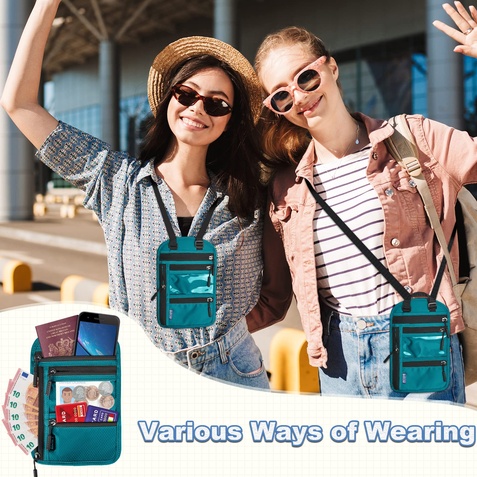 Pochette Tour de Cou Voyage Bloqueur RFID Sac de Passeport pour Femme Homme Imperméable Porte-Passeport avec Bandoulière Réglable Portefeuille pour Argent Cartes Clés Éléphone Documents, Bleu