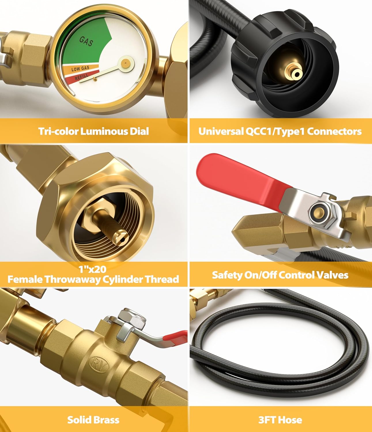Propane Refill Adapter for 1 lb. Tanks, 3FT Hose with Pressure Gauge & Valve, Heavy-Duty Brass, QCC1/Type1 Connector, Safe Refilling from 20lb Cylinder for Camping