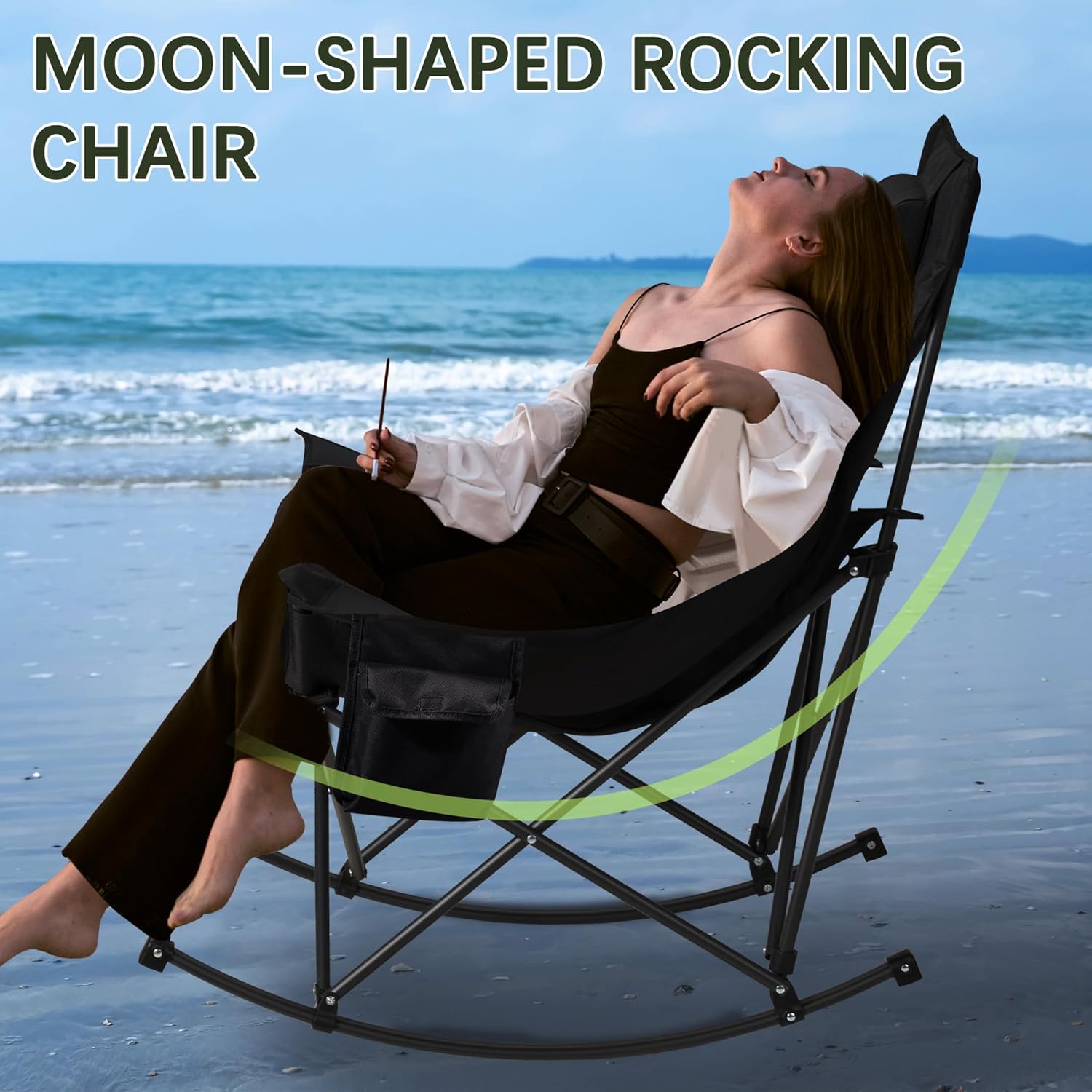 Oversized Rocking Camping Chair with Headrest & Cup Holder - 400lbs Capacity, 600D Oxford Fabric, Easy Fold Portable Outdoor Rocker Chair for Camping, Backyard, Beach, Deep Gray - Image 6