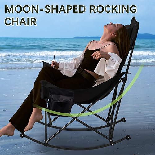 Miniatura 6 de Oversized Rocking Camping Chair with Headrest & Cup Holder - 400lbs Capacity, 600D Oxford Fabric, Easy Fold Portable Outdoor Rocker Chair for