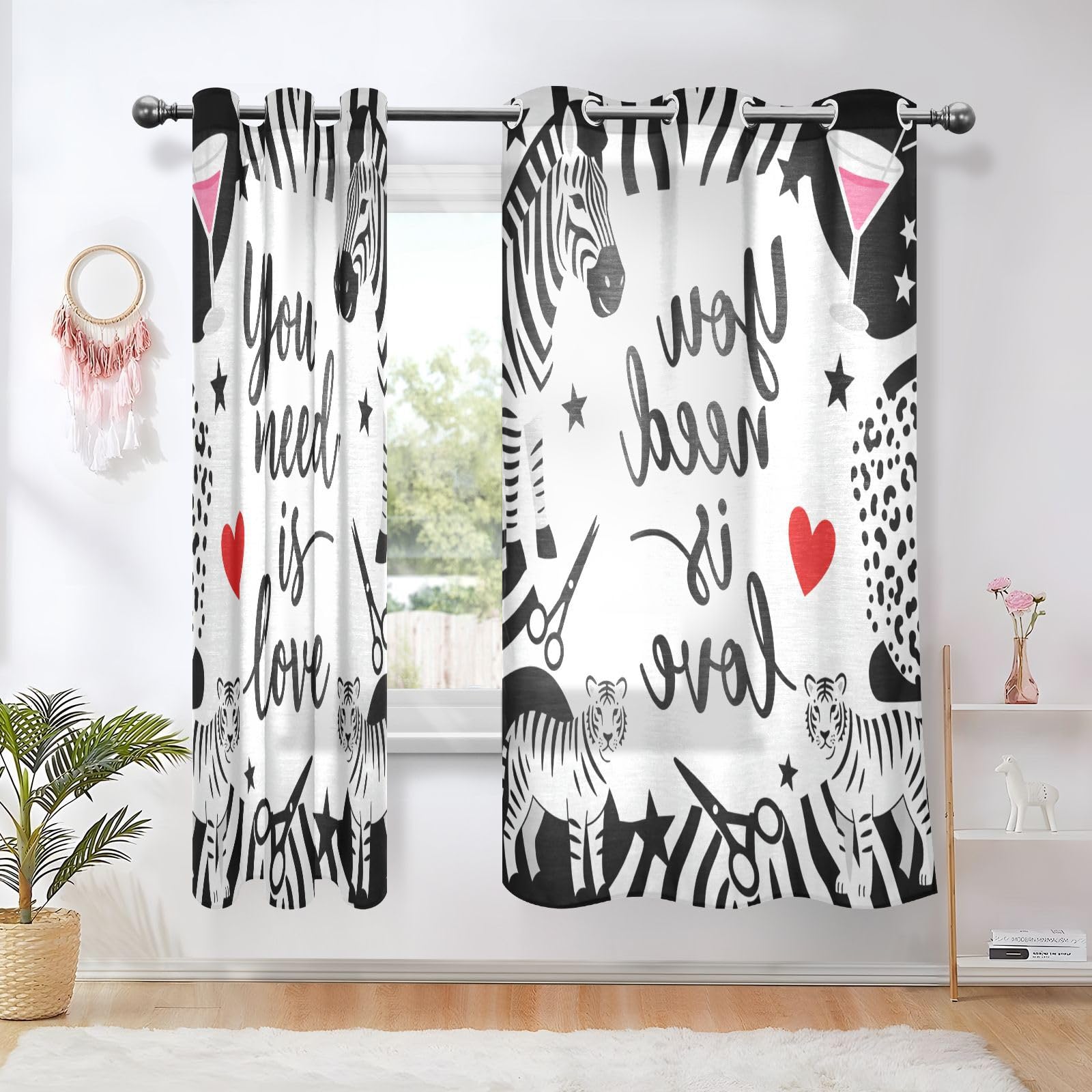 Cortinas largas decorativas para sala de estar, estampado de cebras, corazón de amor, San Valentín, cortinas de 160 cm, cortinas de cocina, juegos de 2 paneles