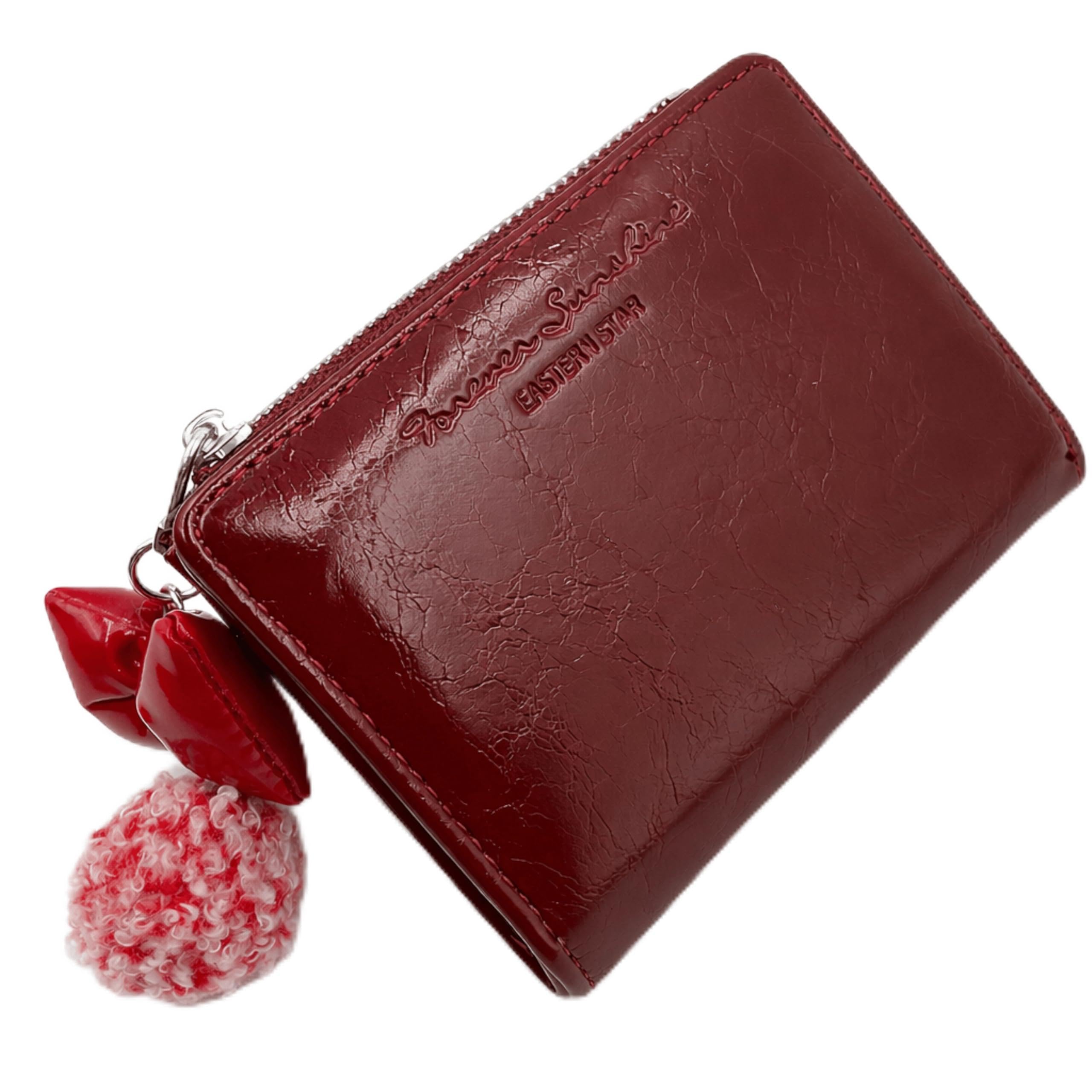 Women’s Compact Zip Wallet with Coin Pouch & Card Slots, Cute Charm Mini Wallet for Girls & Ladies, Small Leather Wallet (Red)-image-28