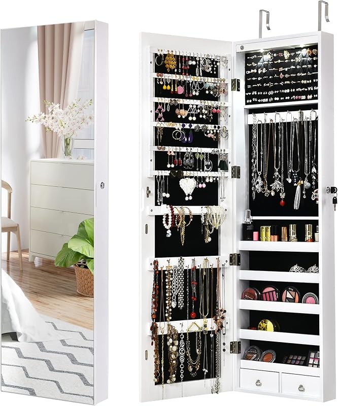 COSTWAY Wall Mounted Jewelry Armoire with Full Length Mirror & 2 LED Lights, Large Storage Capacity, Lockable Mirror Jewelry Cabinet for Women Girls (White)