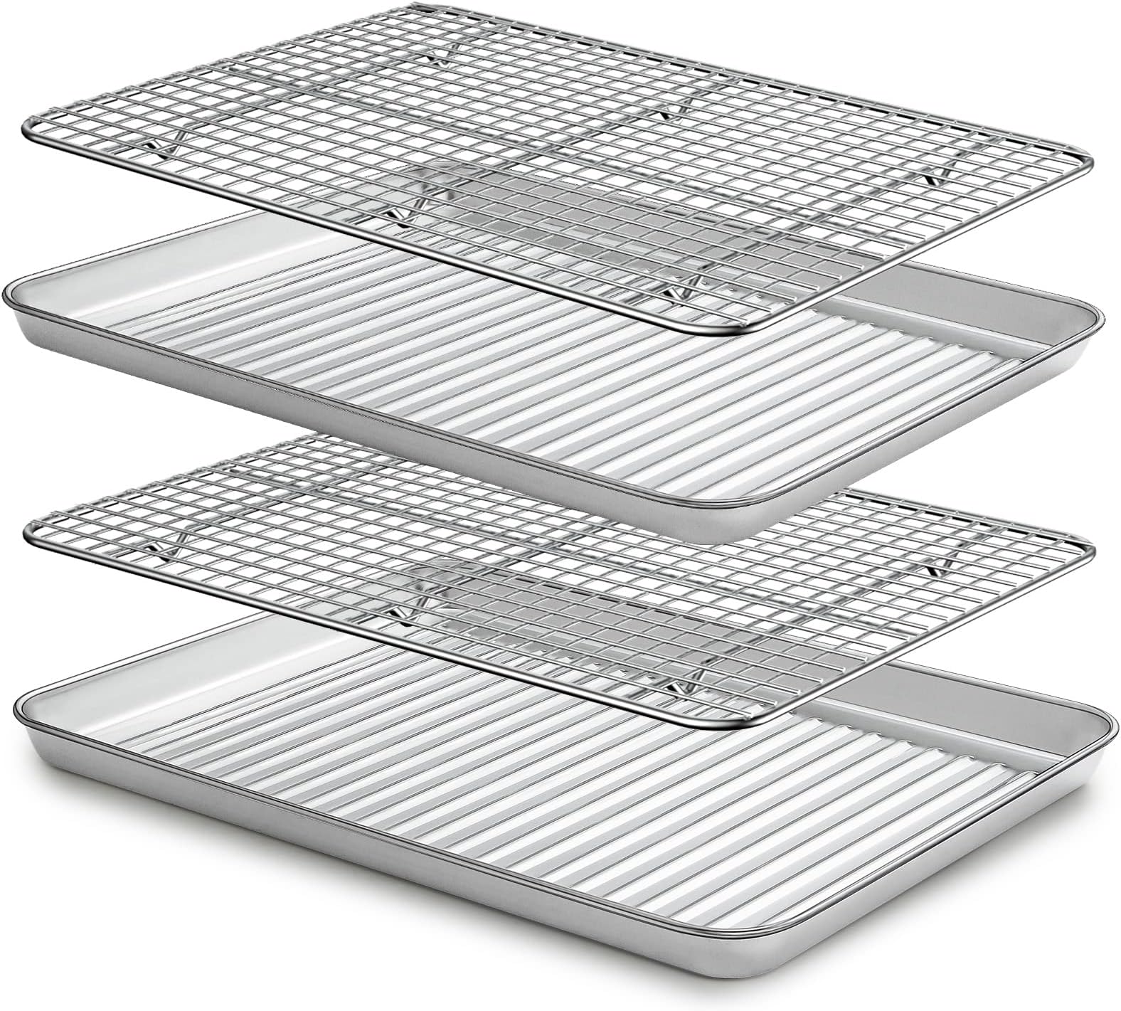 Baking Sheet with Cooling Rack Set(2 Pans+2 Racks) 16'', Terlulu Stainless Steel Baking Pan with Wire Rack, Heavy Jelly Roll Sheet Pan&Bacon Rack for Oven Cooking, Cookie Sheet, 16 x 12.1 x 1.1 Inch