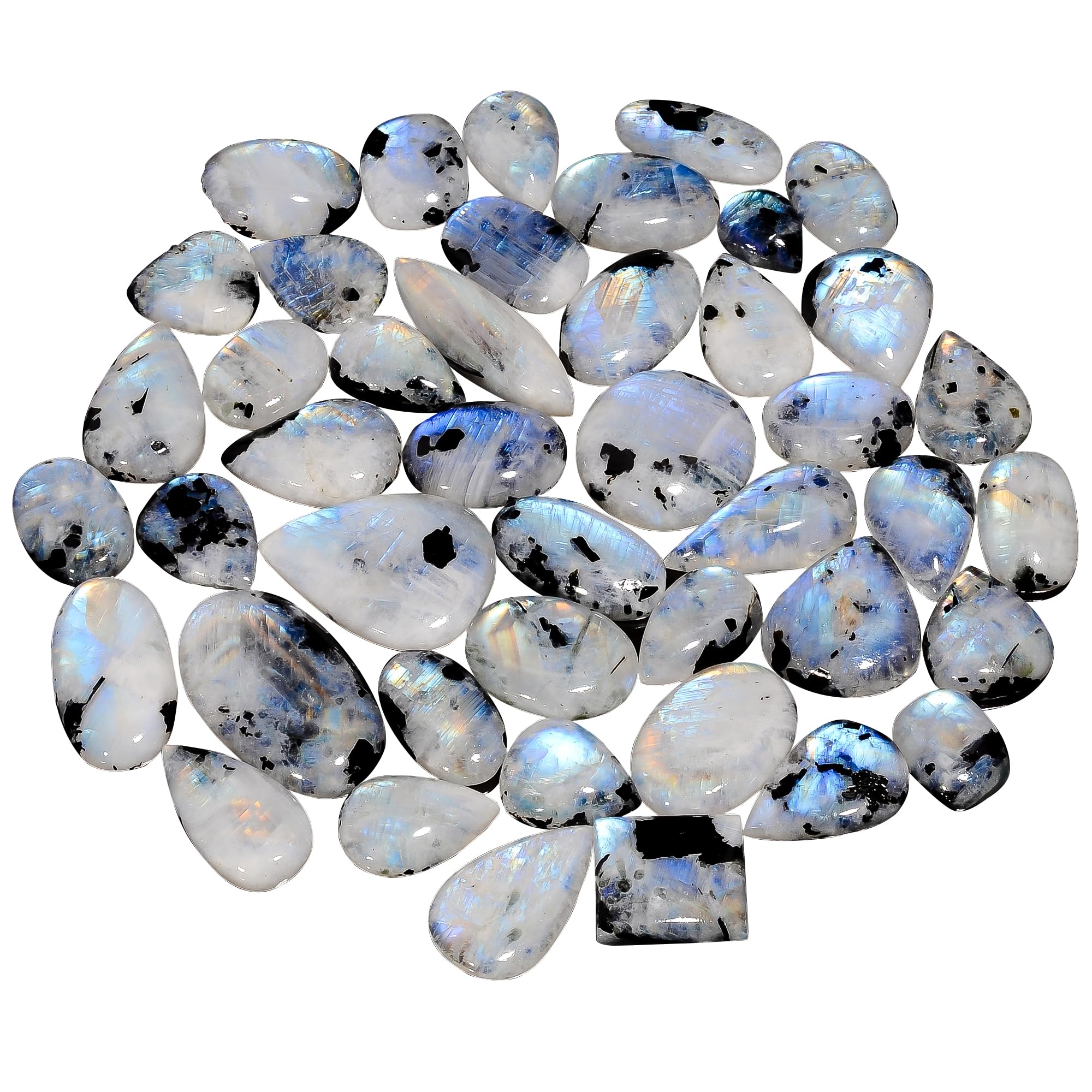 GEMKORA 4 to 5pcs Natural Tourmilated Rainbow Moonstone Crystal Wholesale Lot, June Birthstone, Cabochon Gemstone, Jewelry Making Supplies, Blue Sheen