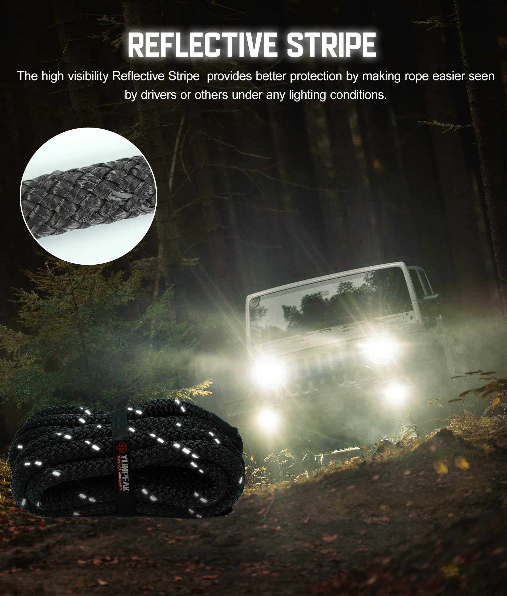 Kinetisches Abschleppseil (25,4 kg), Robustes Offroad-Wiederherstellungsseil mit 2 weichen UHMWPE-Schäkeln (25,4 kg), Abschleppseil-Set für LKW, SUV, UTV, ATV, Traktor, Auto, Jeep, Schwarz,