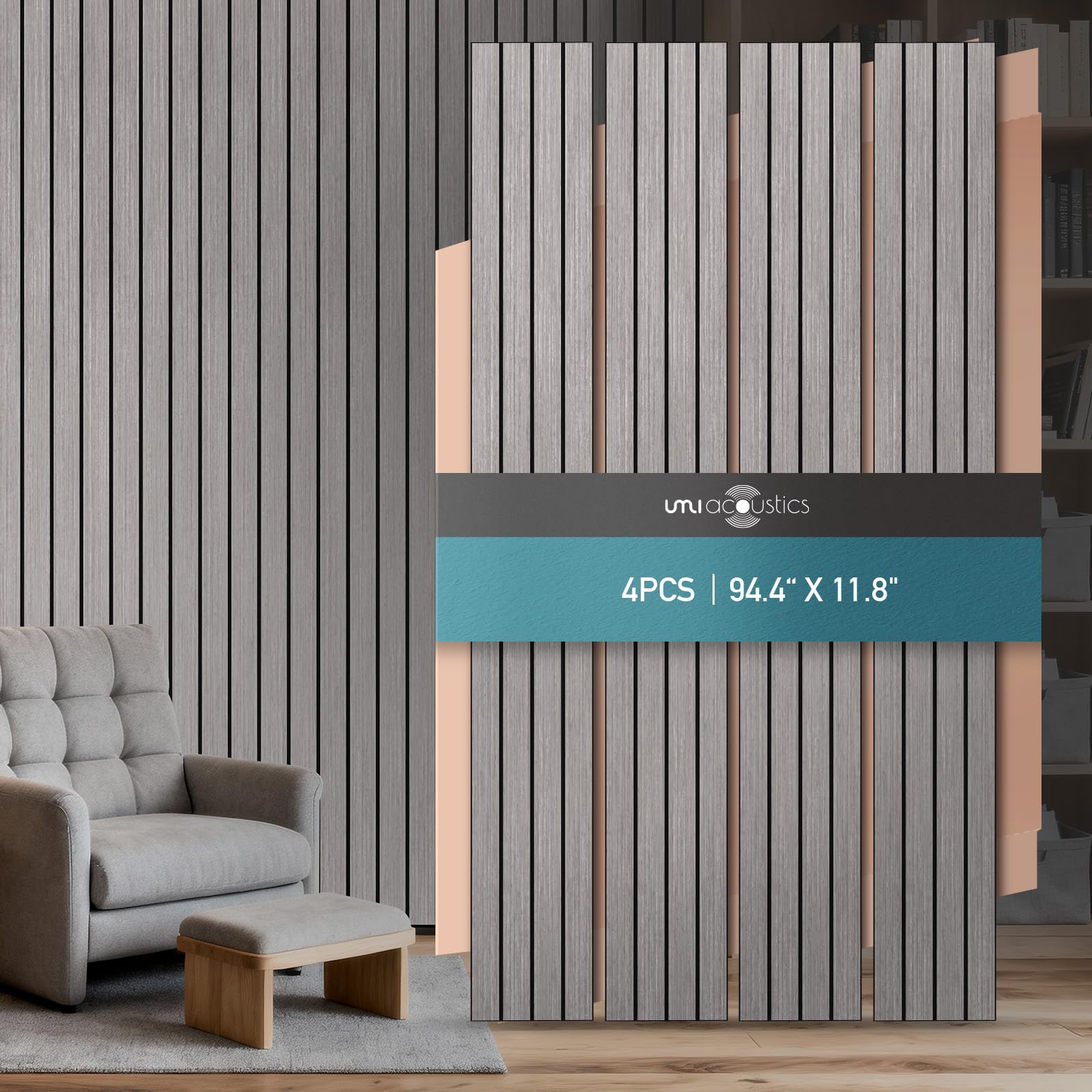 UMIACOUSTICS 4 Pcs 94.4 x 11.8 Inches Acoustic Panel, Decorative Sound Absorbing Wall Panel for Office,Home Theater,Studio,Mid-Gray