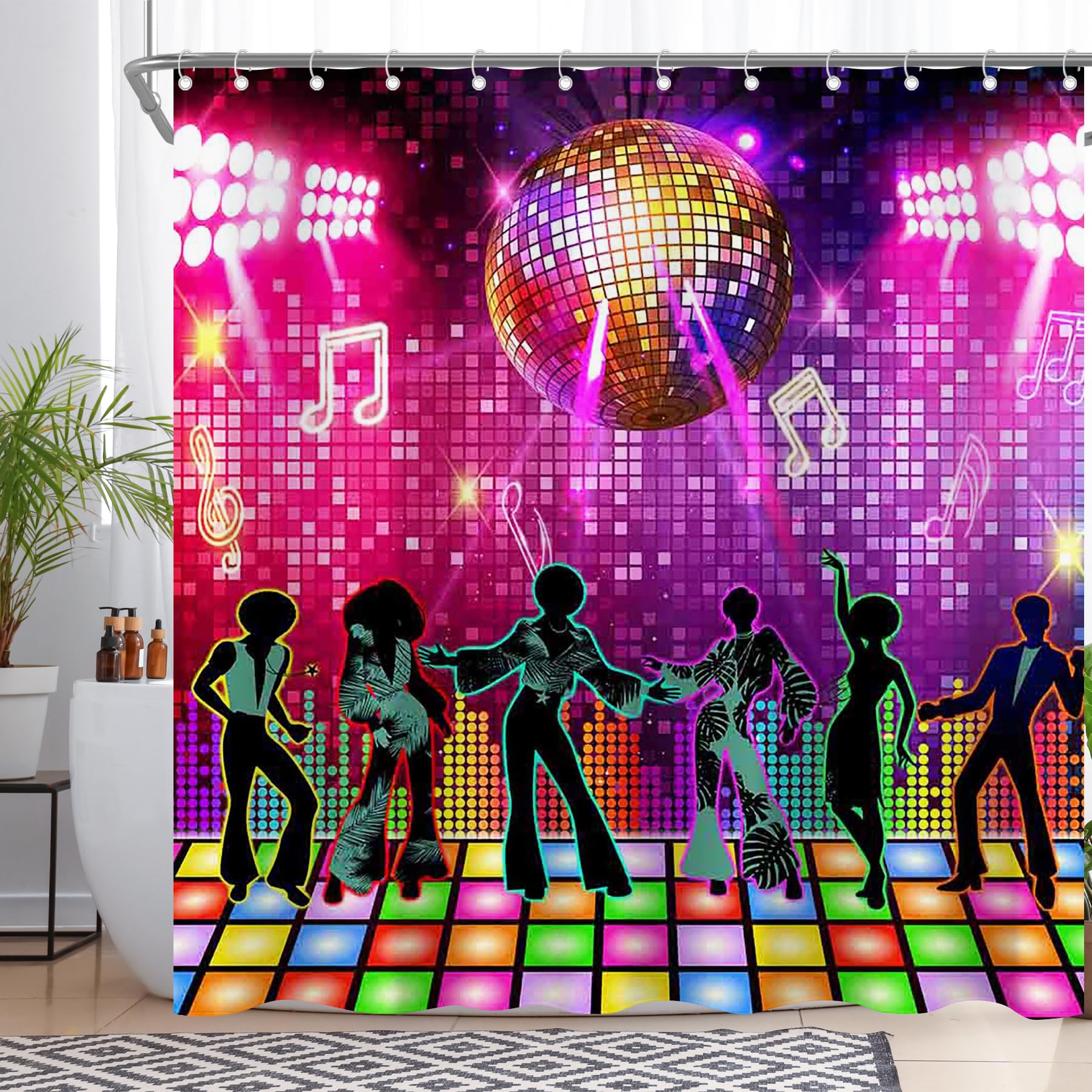 Tenda da doccia retrò da discoteca per bagno Rainbow Stage anni '70 '80 '90 vintage neon Glow musica rock decorazioni per la casa set con 12 ganci poliestere impermeabile 182,9 x 182,9 cm