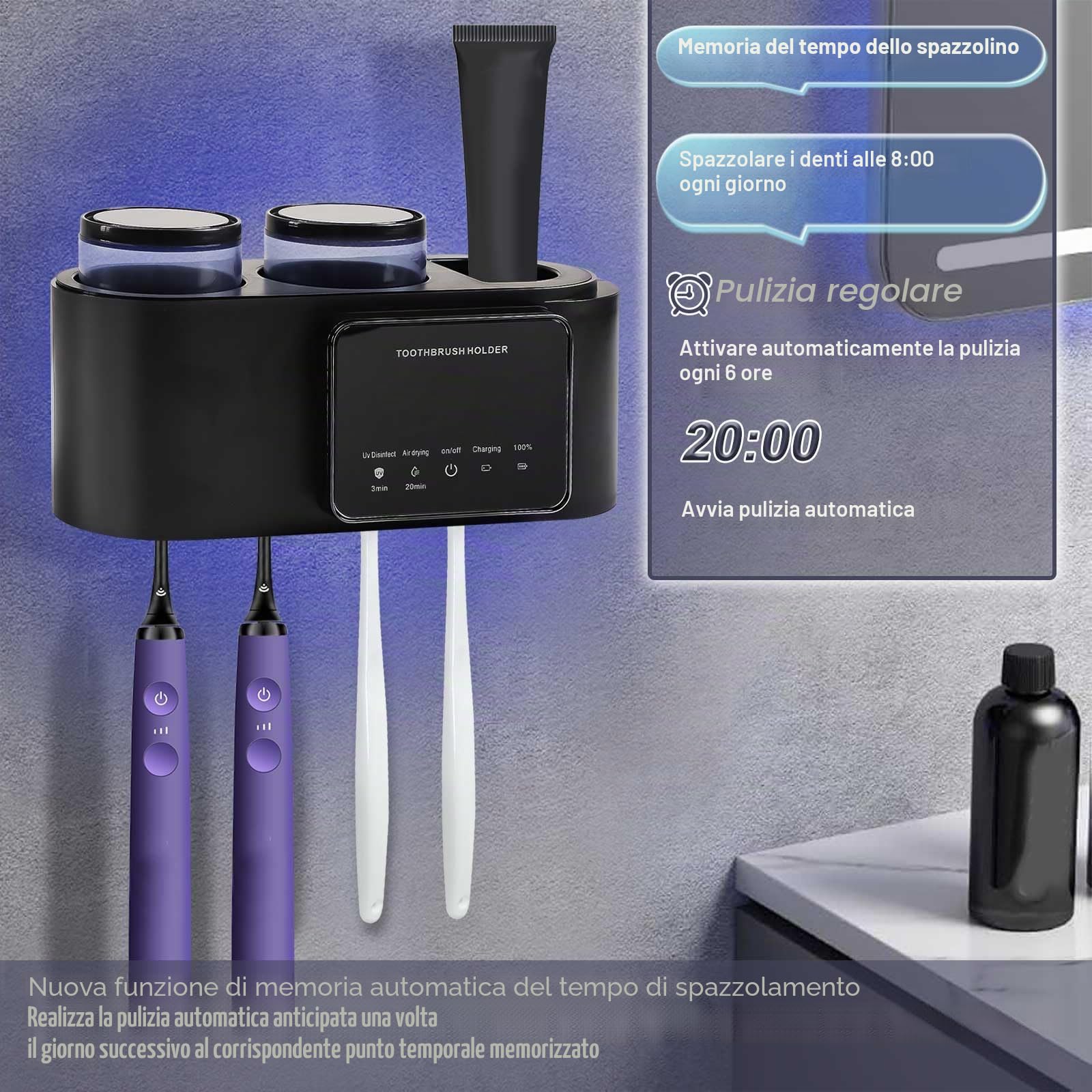 mumisuto Sterilizzatore Portaspazzolino Uv, Porta Spazzolino Uv Sterilizzatore, Porta Spazzolino Da Denti Elettrico Da Parete Per Bagno Con 4 Slot E 2 Tazze Per Bambini E Famiglie