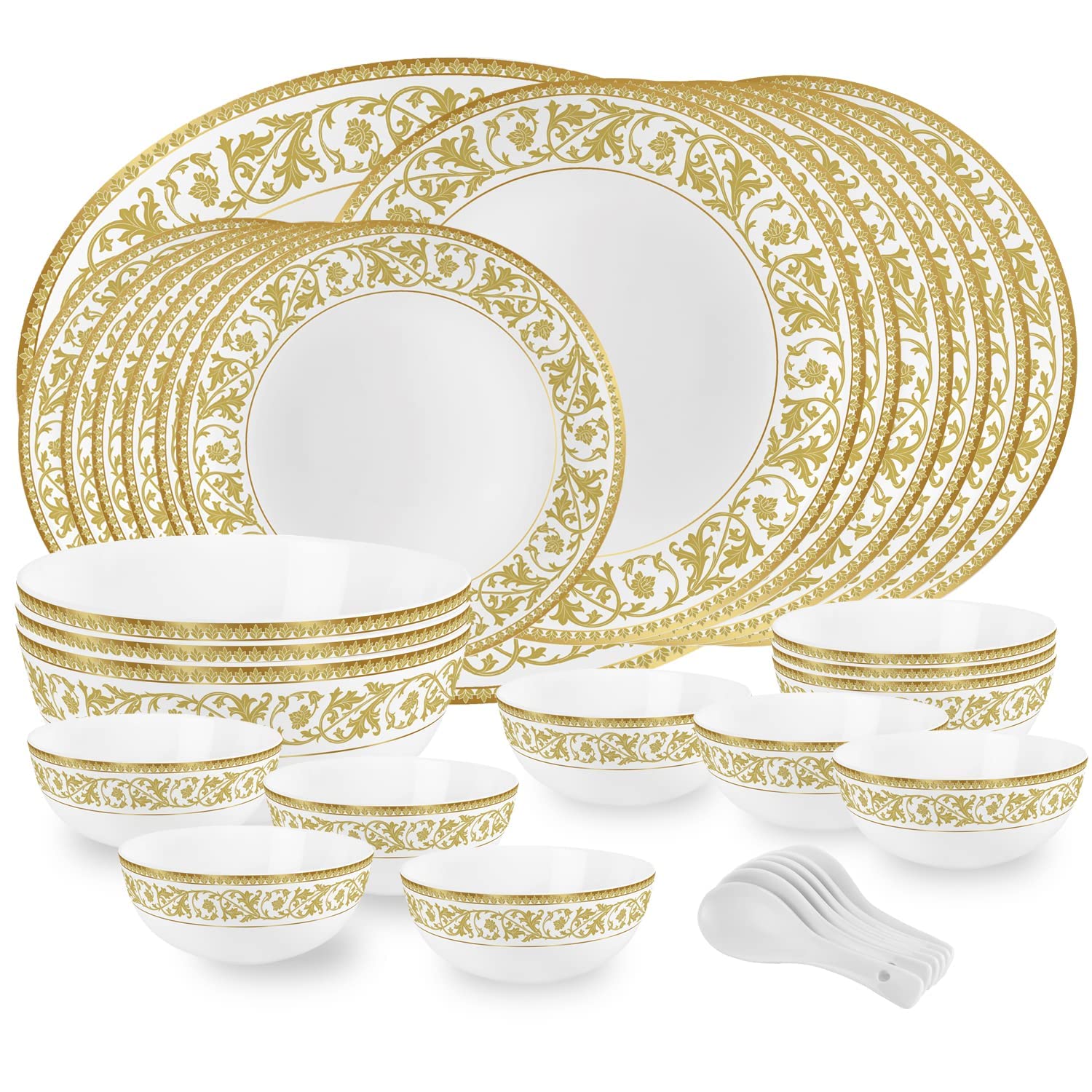 Efinito Amitabh Bachchan Divine Series Oro Opalware Dinner Set, Opal Glass Dinner Plates & Bowls, Crockery Set for Dining, 33 Piece, White, Service for 6