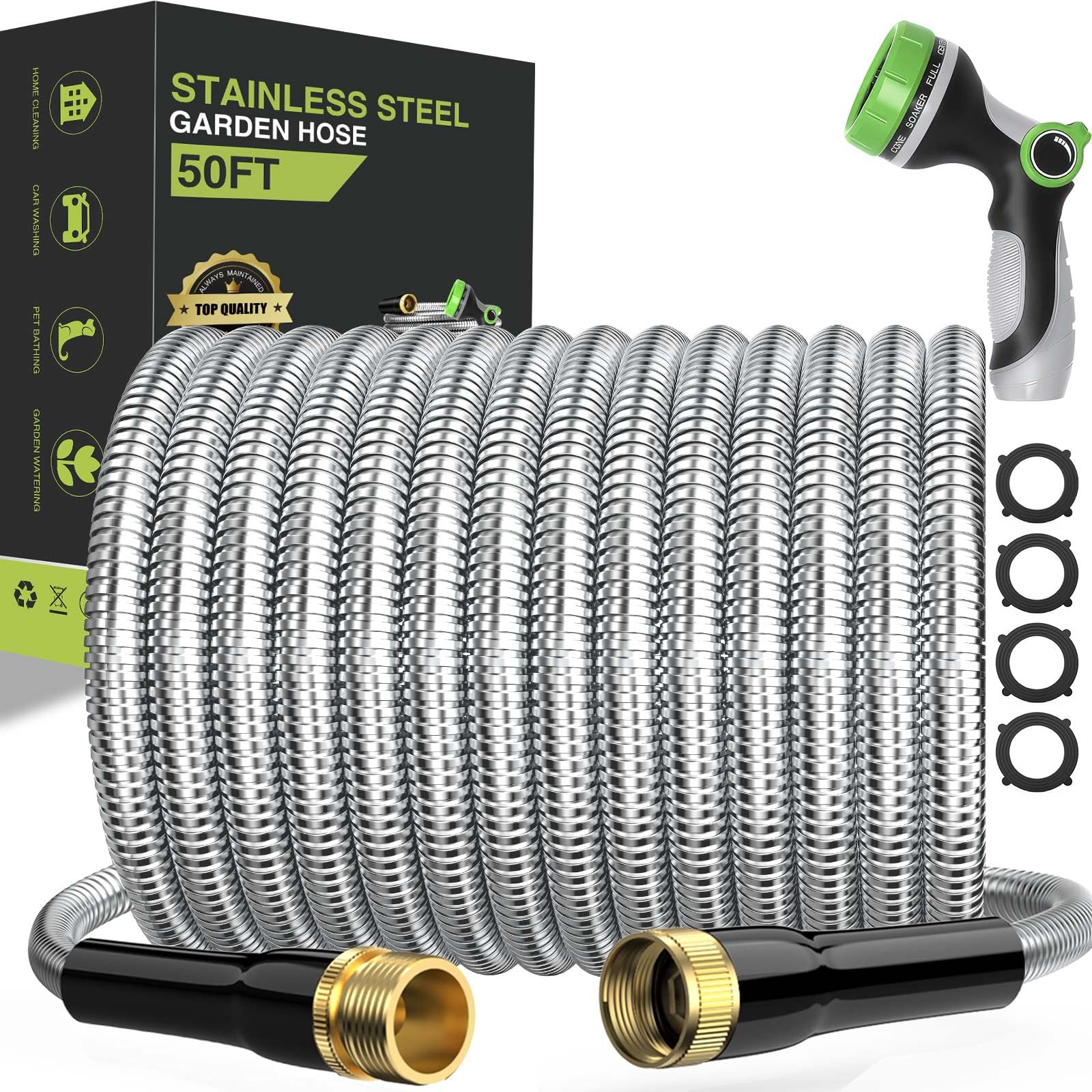 Garden Hose 50ft, Metal Garden Hose, Heavy Duty Stainless Steel Water Hose with 10-Function Spray Nozzle, 3/4" Fittings, Kink-Free Water Pipe, Sturdy and Leak Proof Metal Hose for Yard Outdoor.