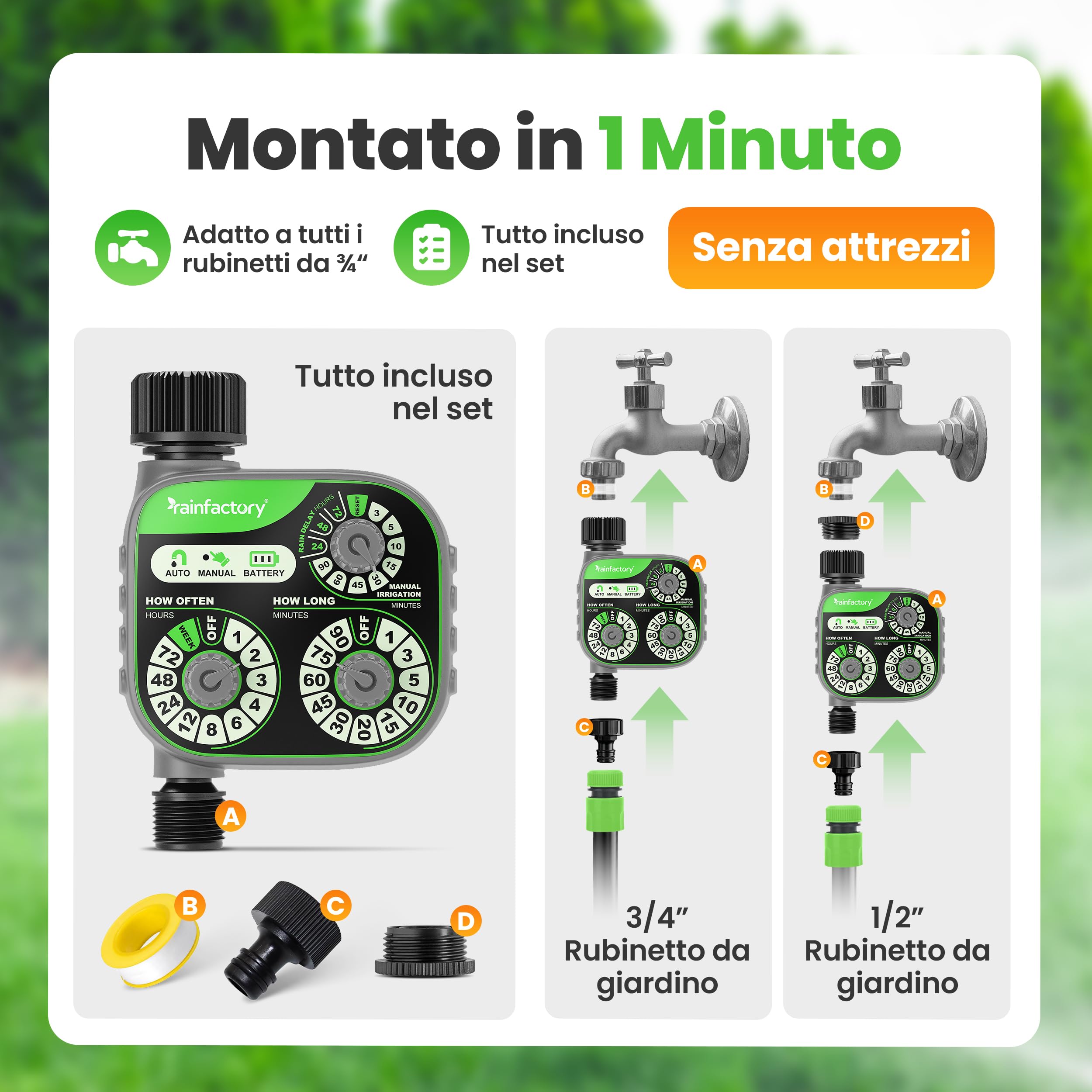 rainfactory Timer Irrigazione con 3 Manopole - Programmatore Irrigazione per Uso Automatico o Manuale con Ritardo Pioggia - Risparmio Acqua per Giardino, Prato e Balcone