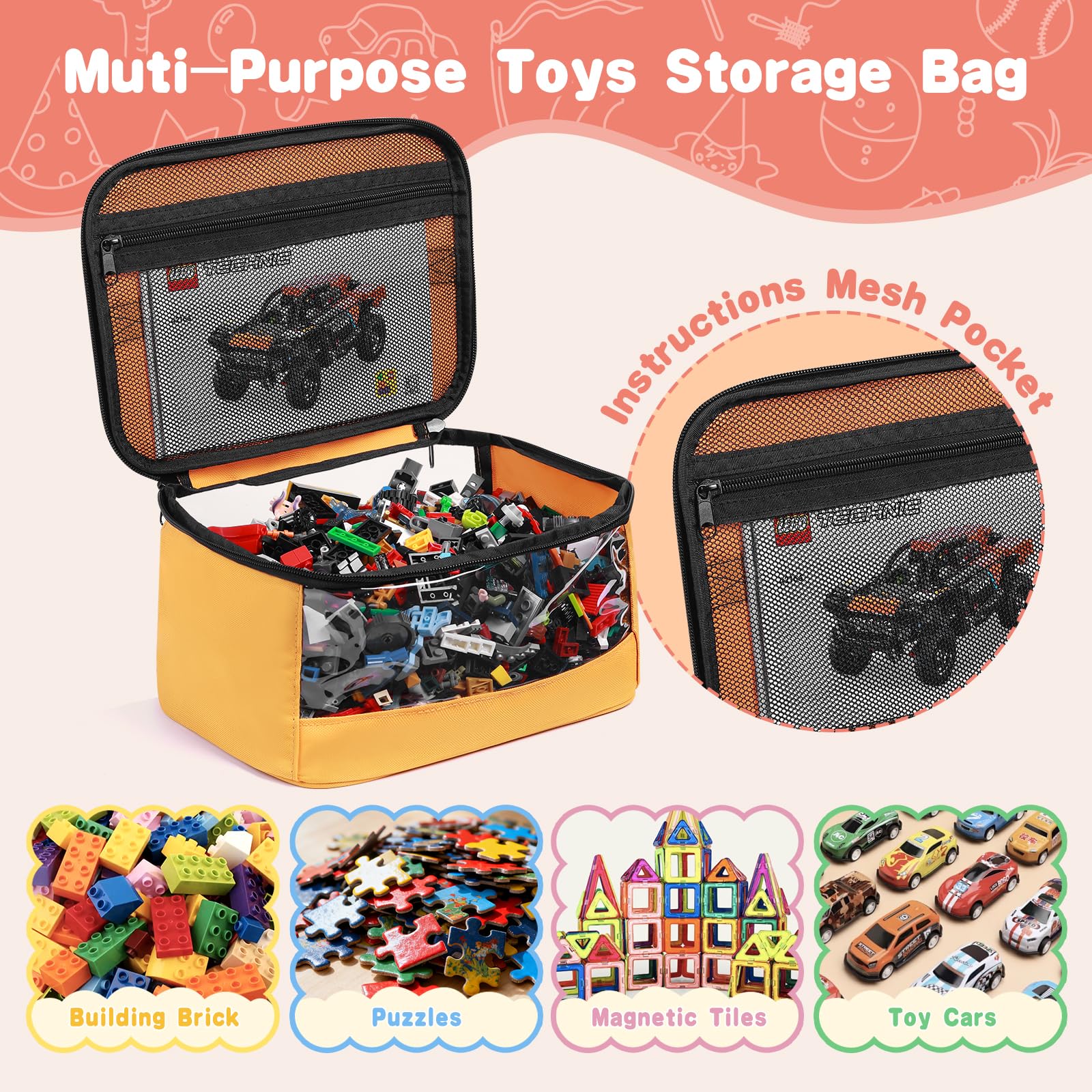 4 bolsas de almacenamiento de juguetes, bolsa organizadora de juguetes de PVC transparente con bolsillo manual para ladrillos de construcción clásicos, rompecabezas, coches de juguete, tamaño grande