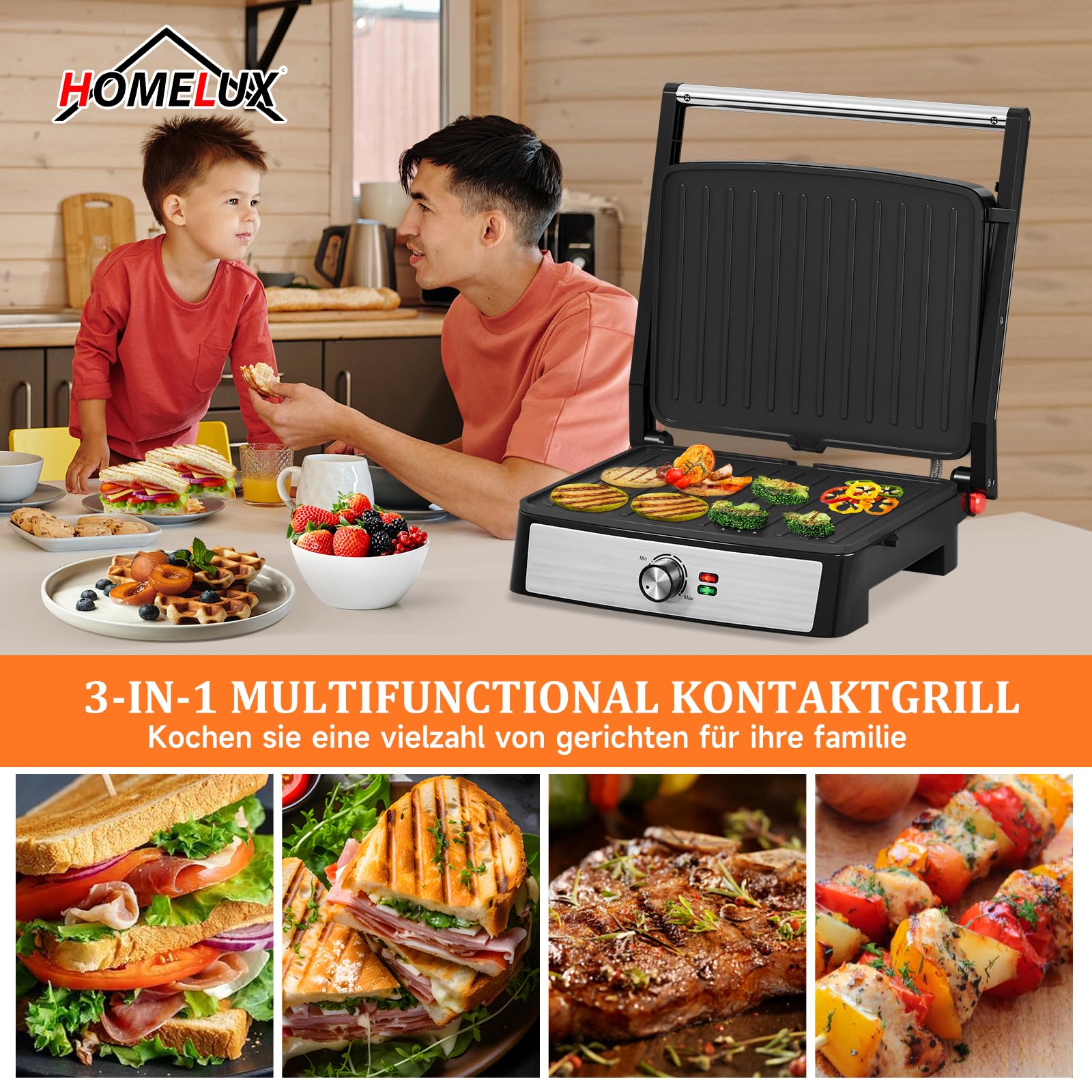 HOMELUX Griglia a contatto, panini e panini Grill 2200 W, per grigliare senza grassi, toastie, bistecca, panini maker con piastre antiaderenti 29 x 23 cm, apertura a 180°, raschietto per pulizia