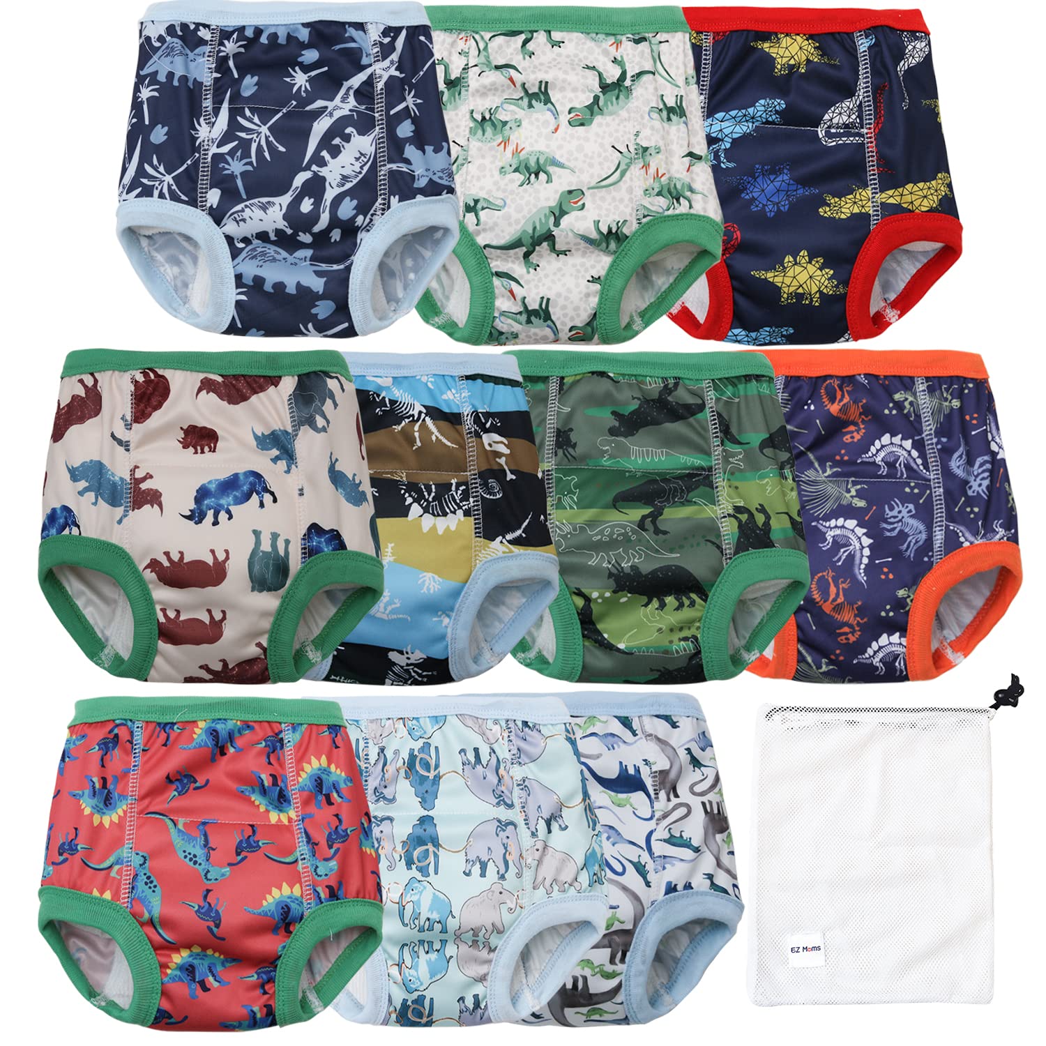 EZ MomsEZ Moms 10 Packs Double Absorption Potty Training Underwear for Boys Reusable Toddler Training Pants 5T High Waist Dinosaur Toddler Underwear Boys 5T Kid Confident Pee Pants with a Laundry Bag